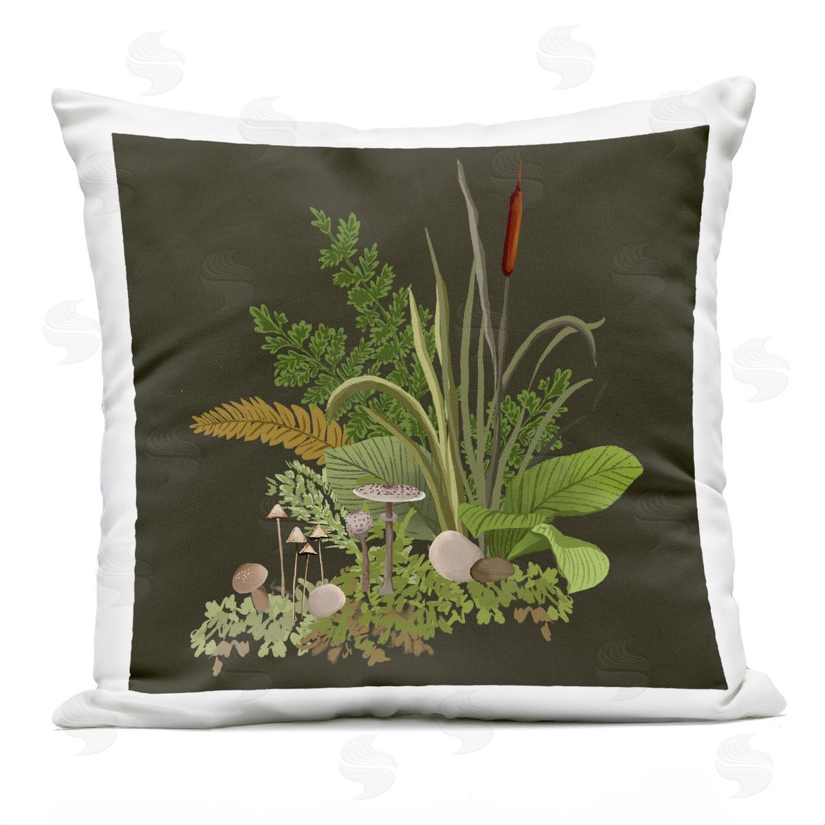 Forest Foliage and Rustic Mushrooms over Grey Outdoor Printed Pillow, Home Decor by House of Rose