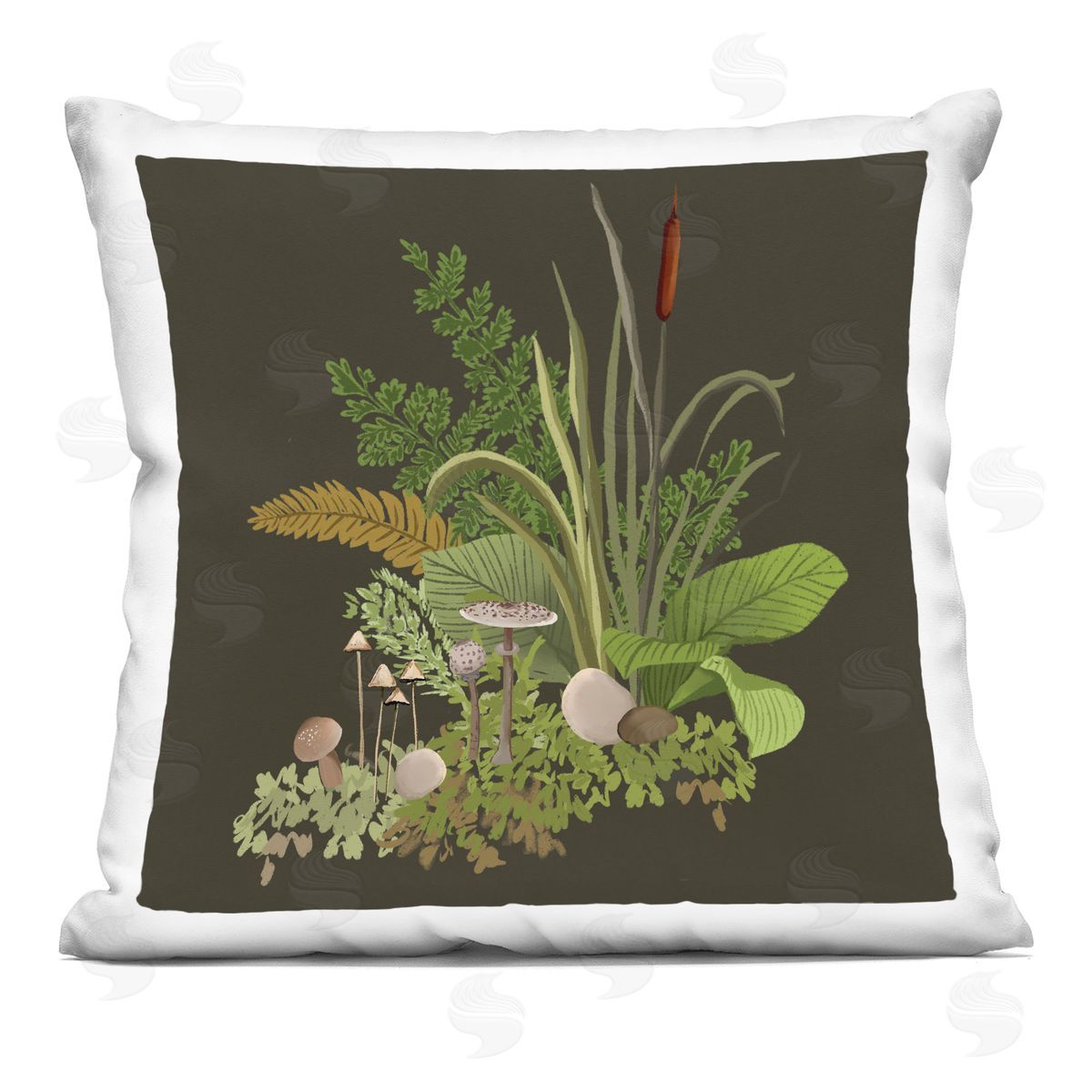 Forest Foliage and Rustic Mushrooms over Grey Decorative Printed Pillow, Home Decor by House of Rose