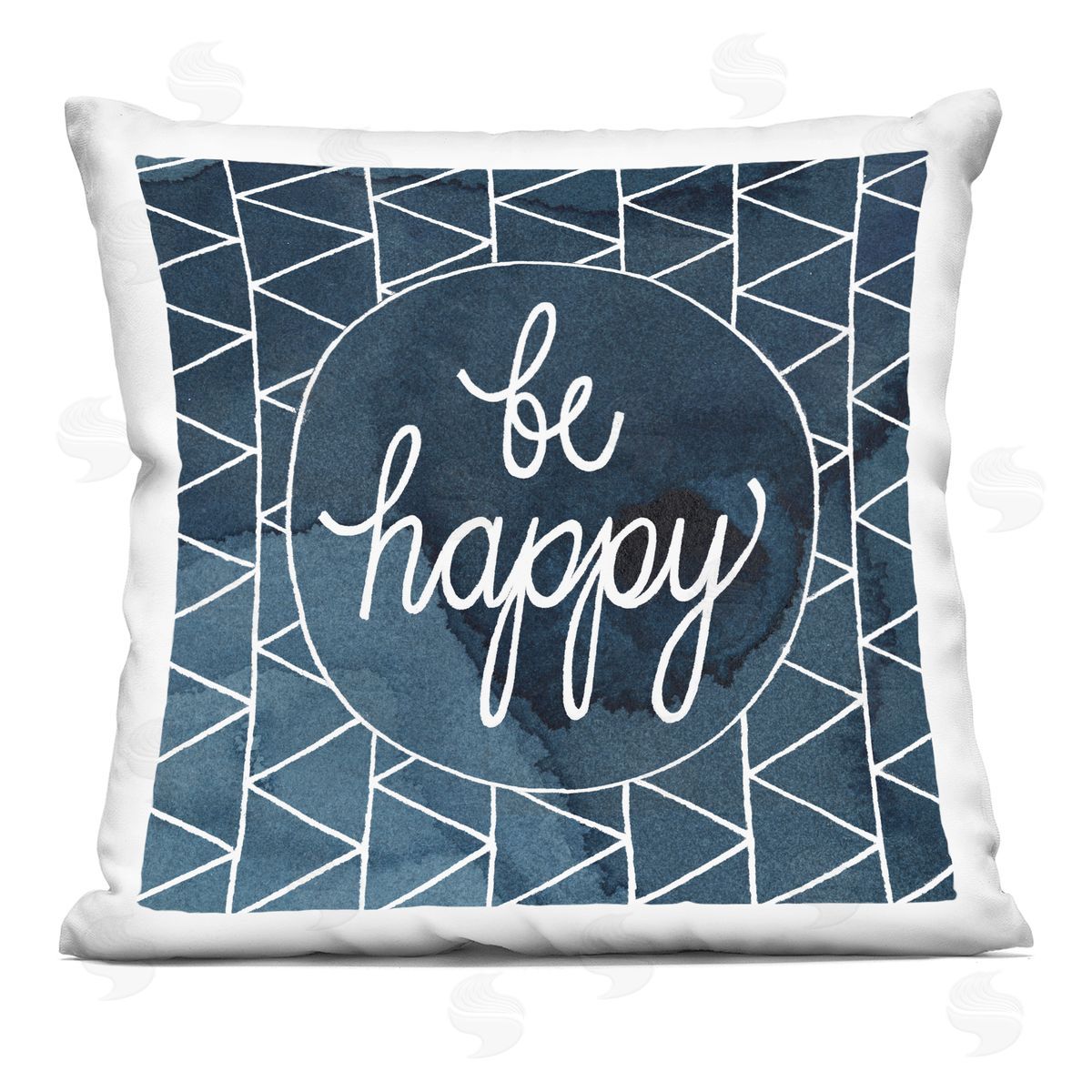 Be Happy Blue and White Geometric Pattern Decorative Printed Pillow, Home Decor by Grace Popp