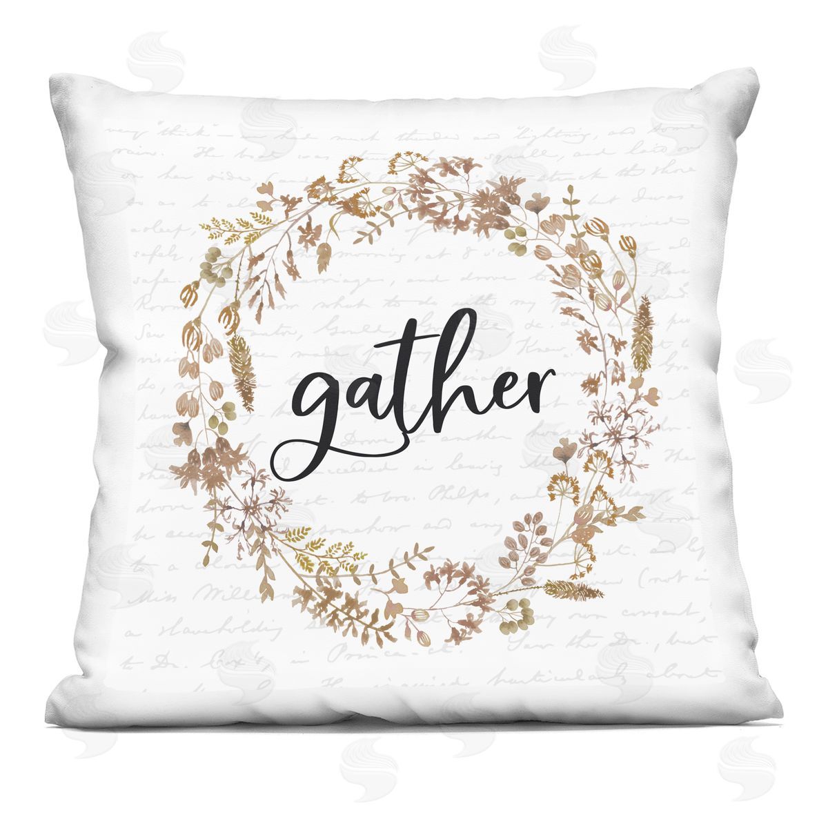 Gather Phrase Rustic Leaf Wreath Soft Autumn Design Decorative Printed Pillow, Home Decor by Lettered and Lined