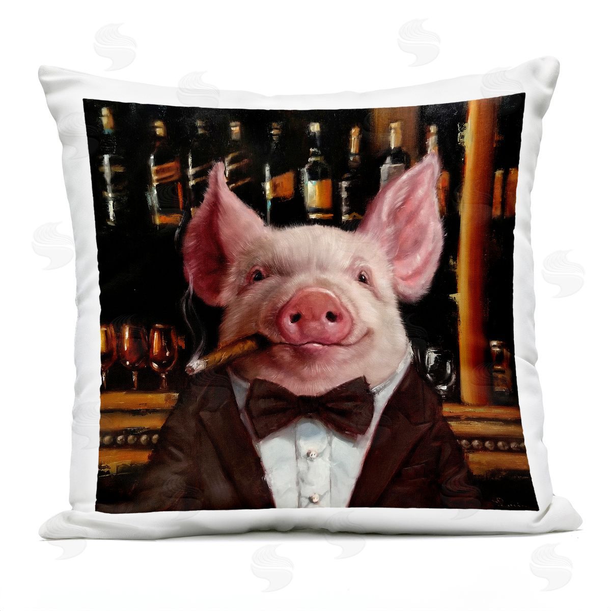 Classy Pig at Cigar Bar Farm Animal Painting Outdoor Printed Pillow, Home Decor by Lucia Heffernan