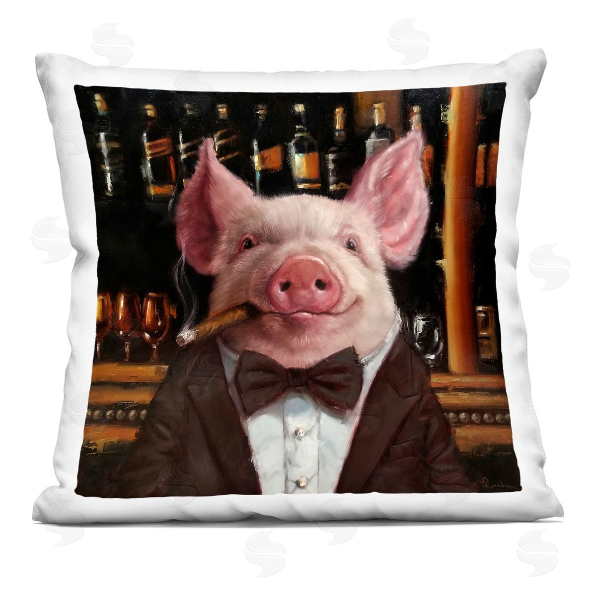 Classy Pig at Cigar Bar Farm Animal Painting Decorative Printed Pillow, Home Decor by Lucia Heffernan