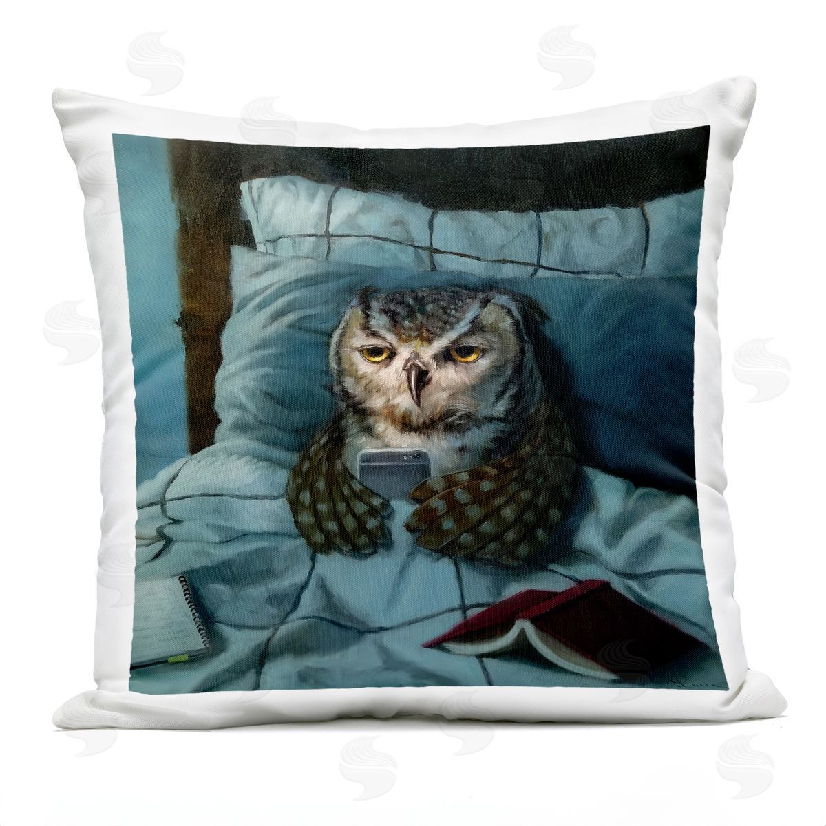 Night Owl on Phone in Bed Funny Animal Outdoor Printed Pillow, Home Decor by Lucia Heffernan