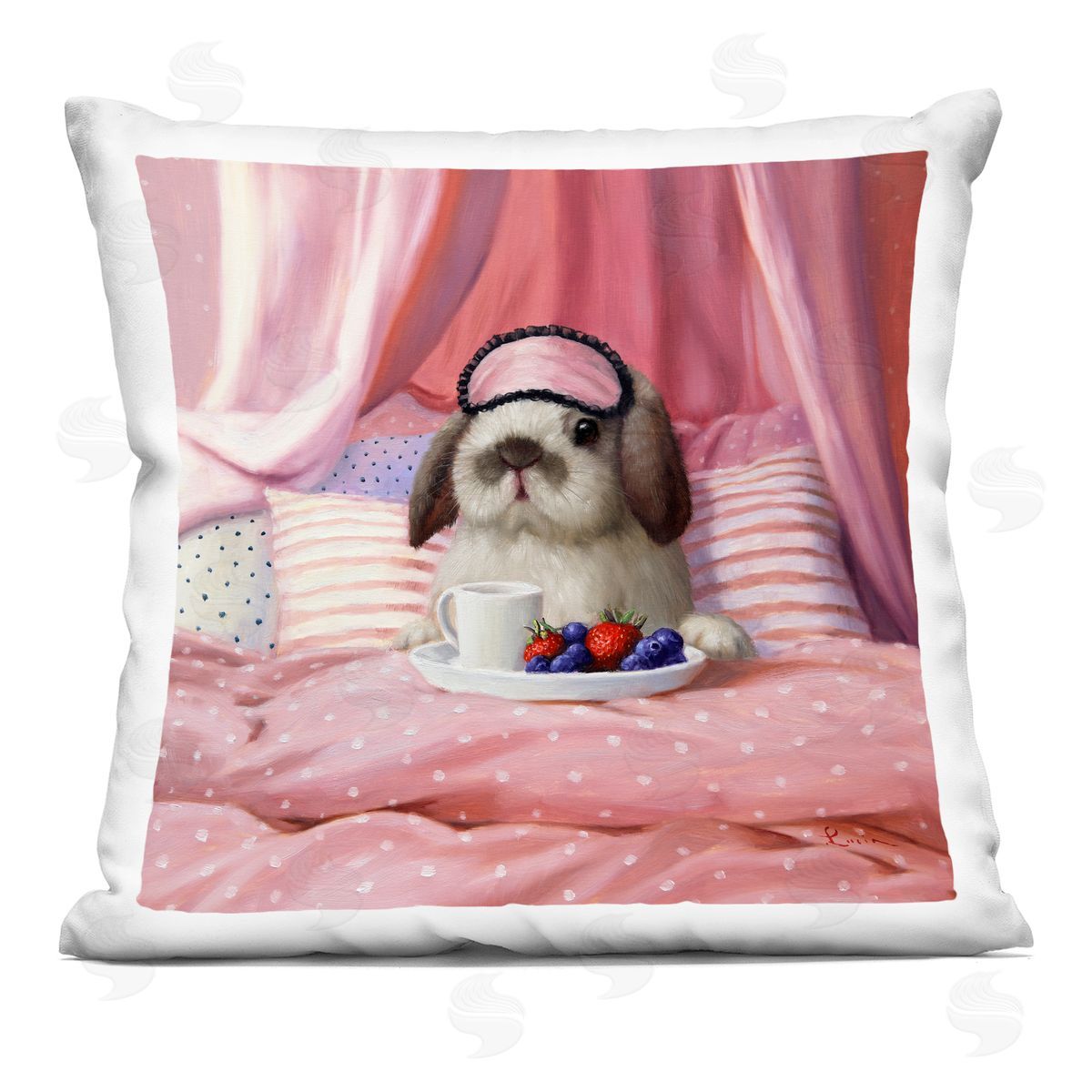 Adorable House Bunny Rabbit Breakfast In Bed Pink Decorative Printed Pillow, Home Decor by Lucia Heffernan