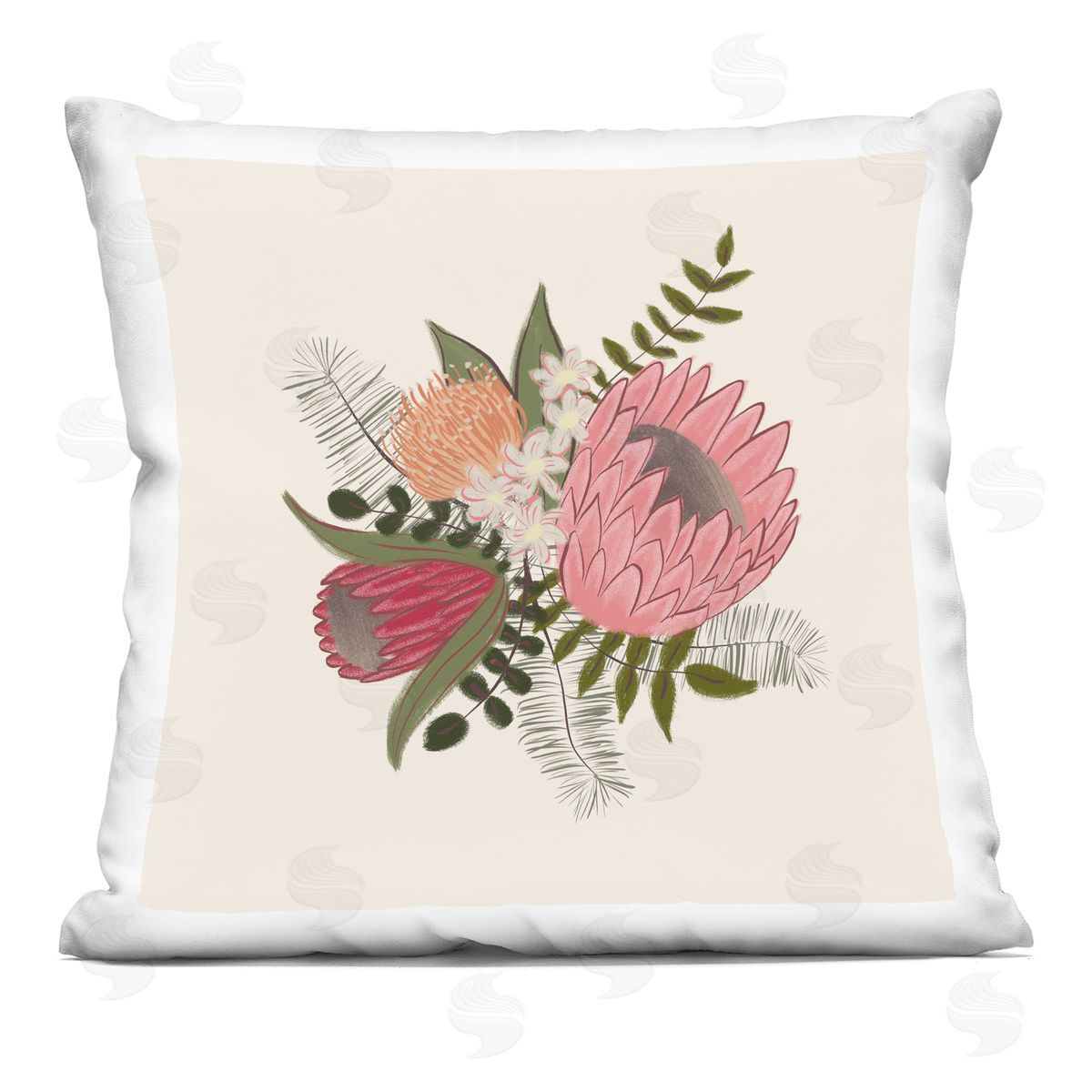 Casual Mixed Dahlia Flower Leaves Arrangement Decorative Printed Pillow, Home Decor by Birgit Maria Kiennast