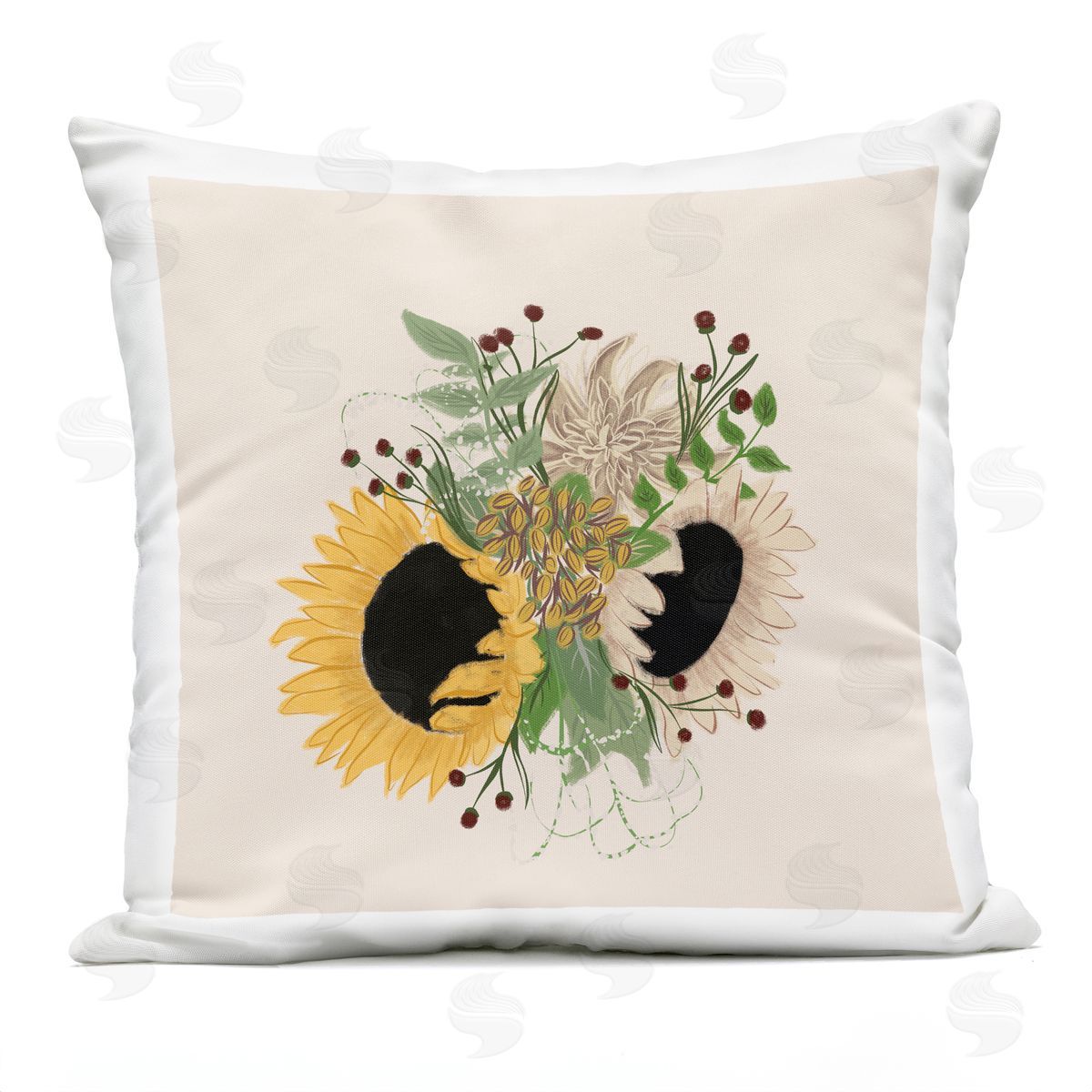 Wild Sunflower Bouquet Varied Botanicals Outdoor Printed Pillow, Home Decor by Birgit Maria Kiennast