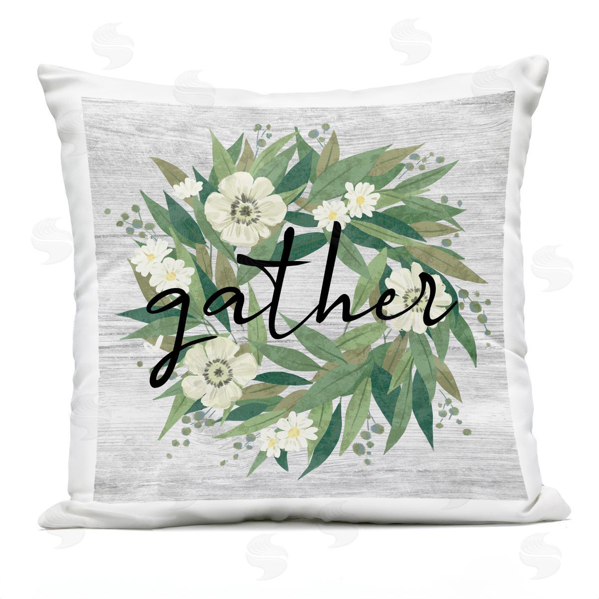 Gather Calligraphy Rustic Flower Wreath Outdoor Printed Pillow, Home Decor by Ziwei Li