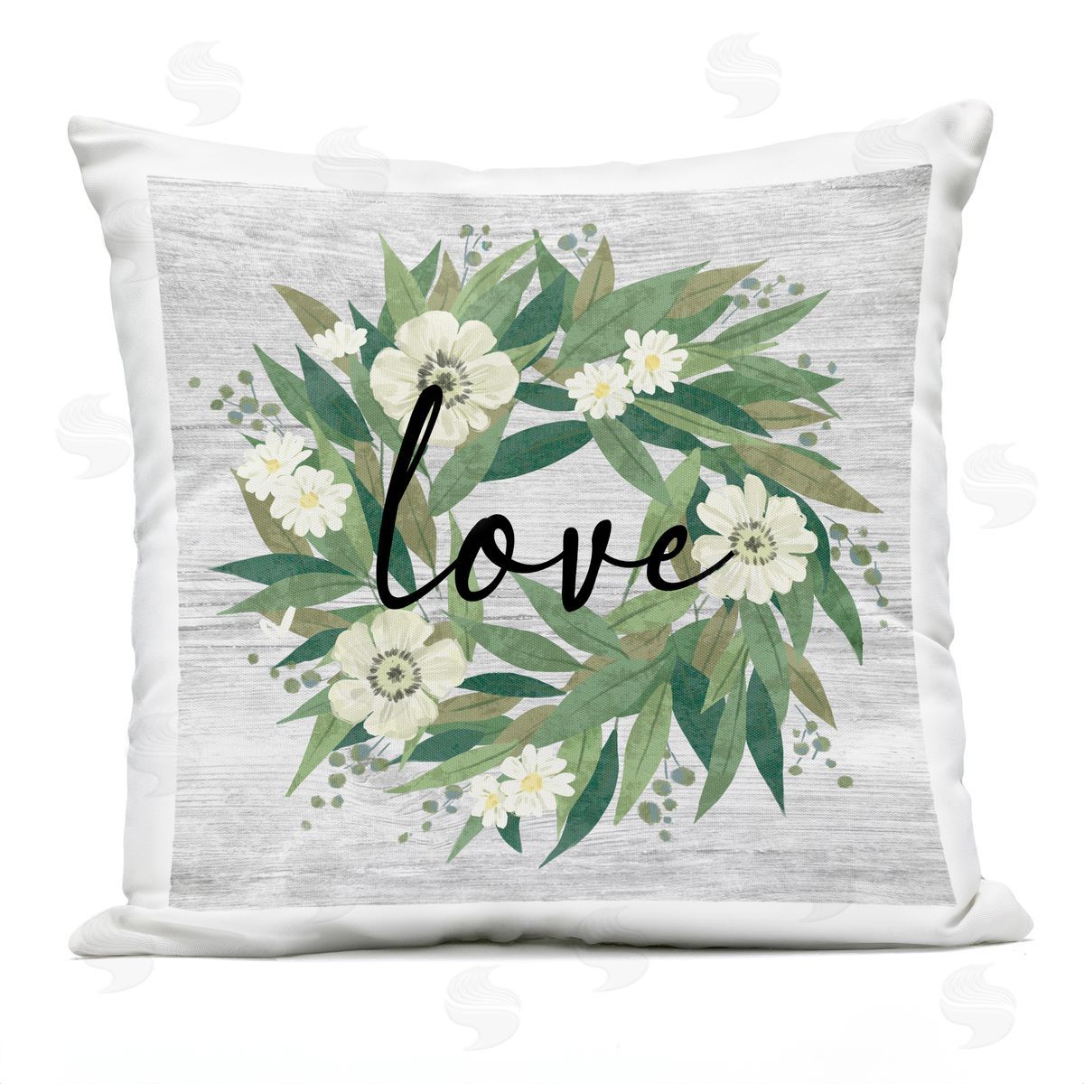 Love Calligraphy Daisy Flower Wreath Outdoor Printed Pillow, Home Decor by Ziwei Li