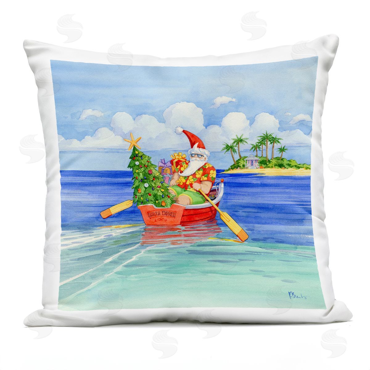 Tropical Santa Claus Warm Seasonal Island Outdoor Printed Pillow, Home Decor by Paul Brent