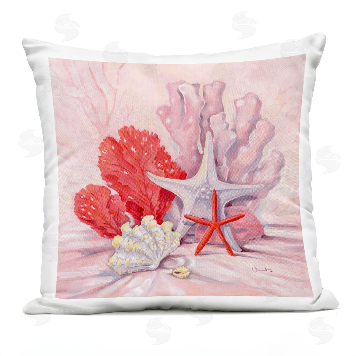 Pink Red Starfish Mixed Sea Life Outdoor Printed Pillow, Home Decor by Paul Brent