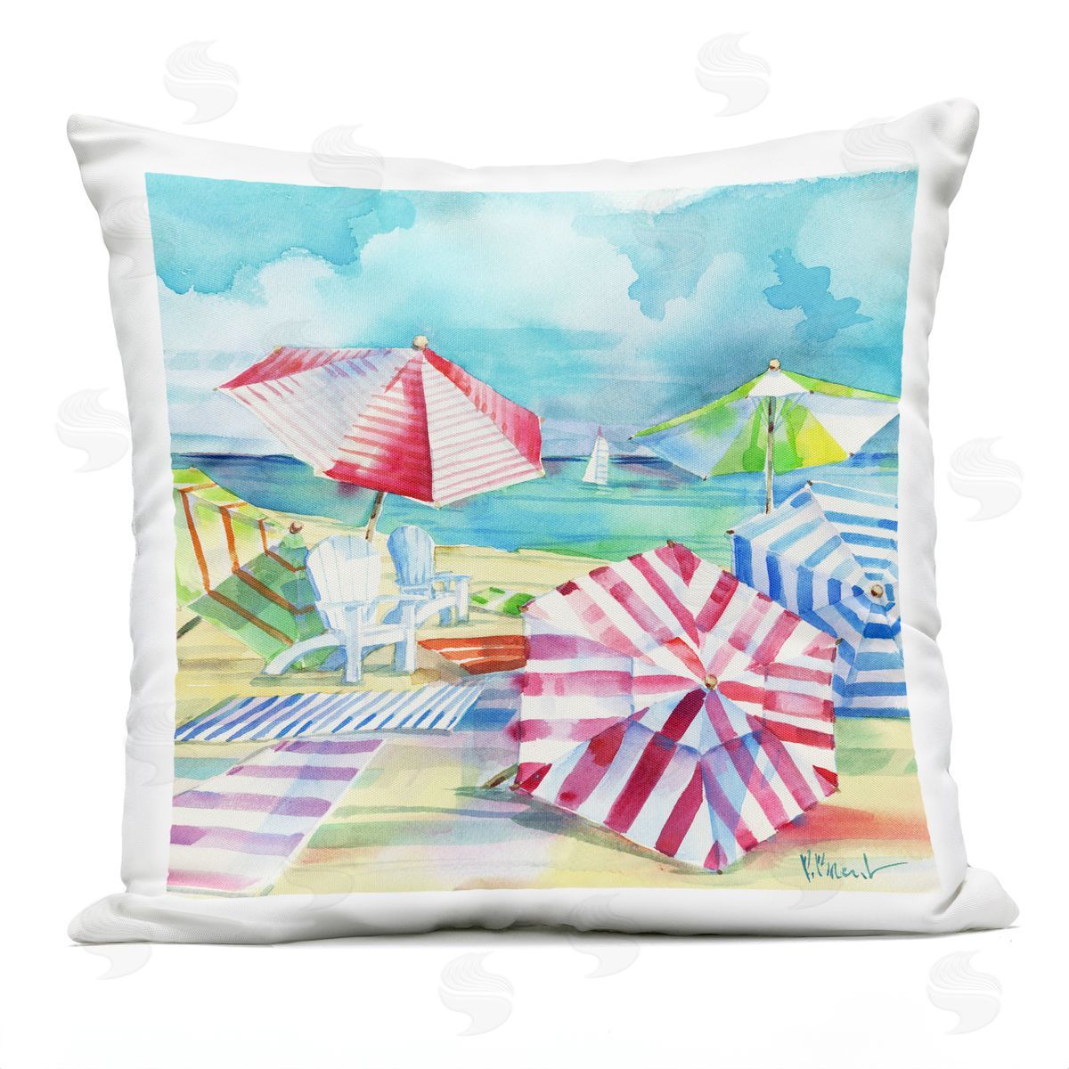 Various Beach Umbrellas Coastal Summer Shore Outdoor Printed Pillow, Home Decor by Paul Brent