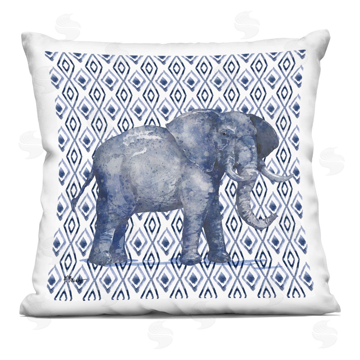 Blue Elephant Geometric Diamond Pattern Decorative Printed Pillow, Home Decor by Paul Brent