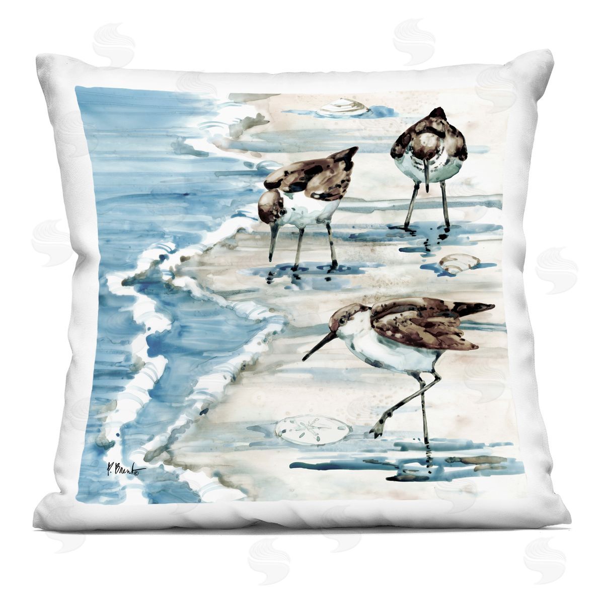 Sandpipers Among Seashells Coastal Beach Decorative Printed Pillow, Home Decor by Paul Brent