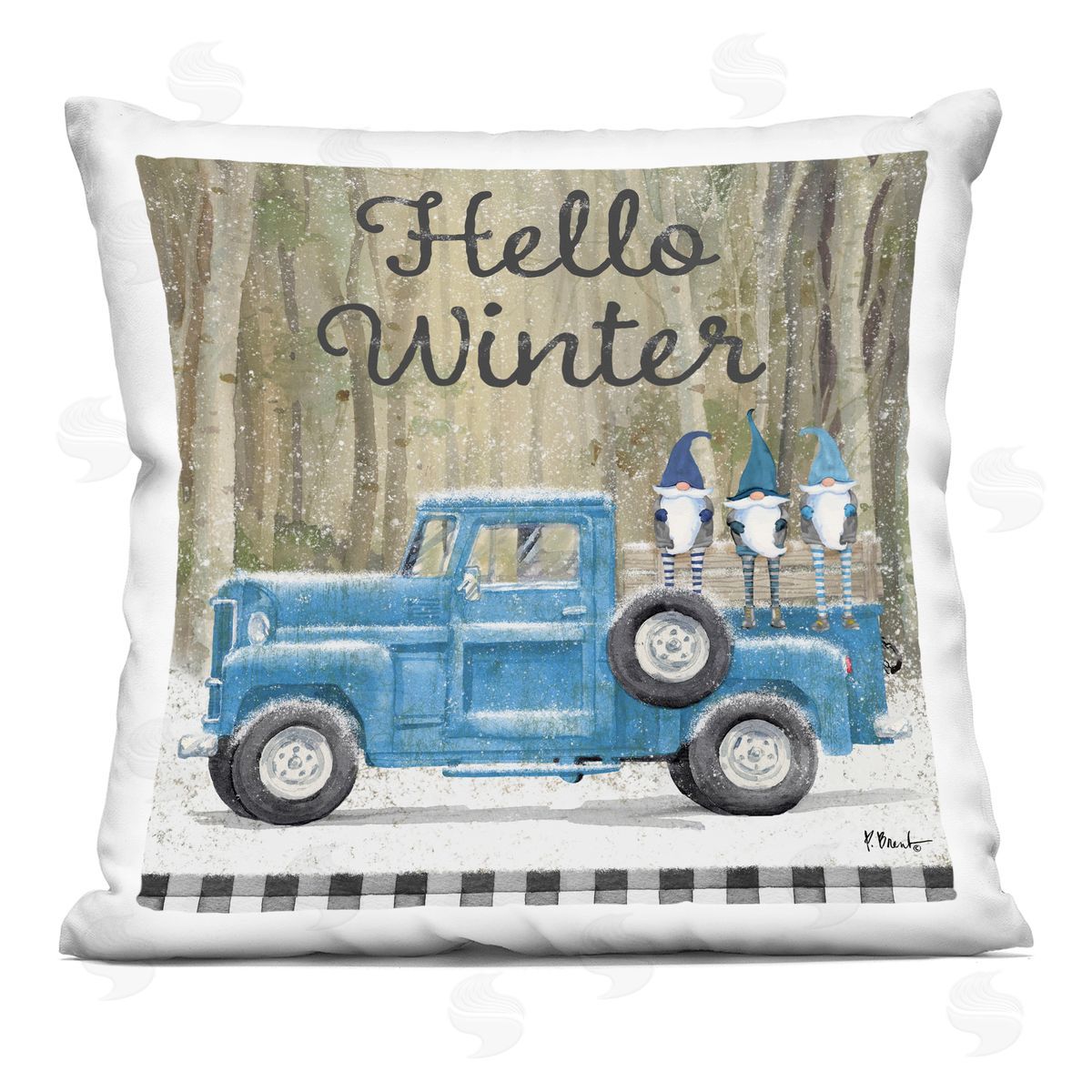 Hello Winter Tartan Blue Gnomes Truck Decorative Printed Pillow, Home Decor by Paul Brent
