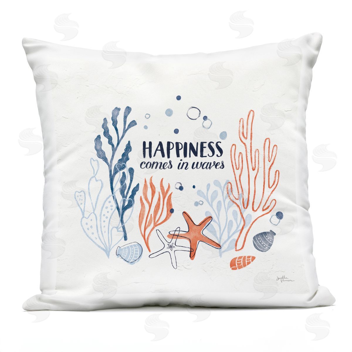 Happiness Quote Seashell Coral Outlines Outdoor Printed Pillow, Home Decor by Janelle Penner