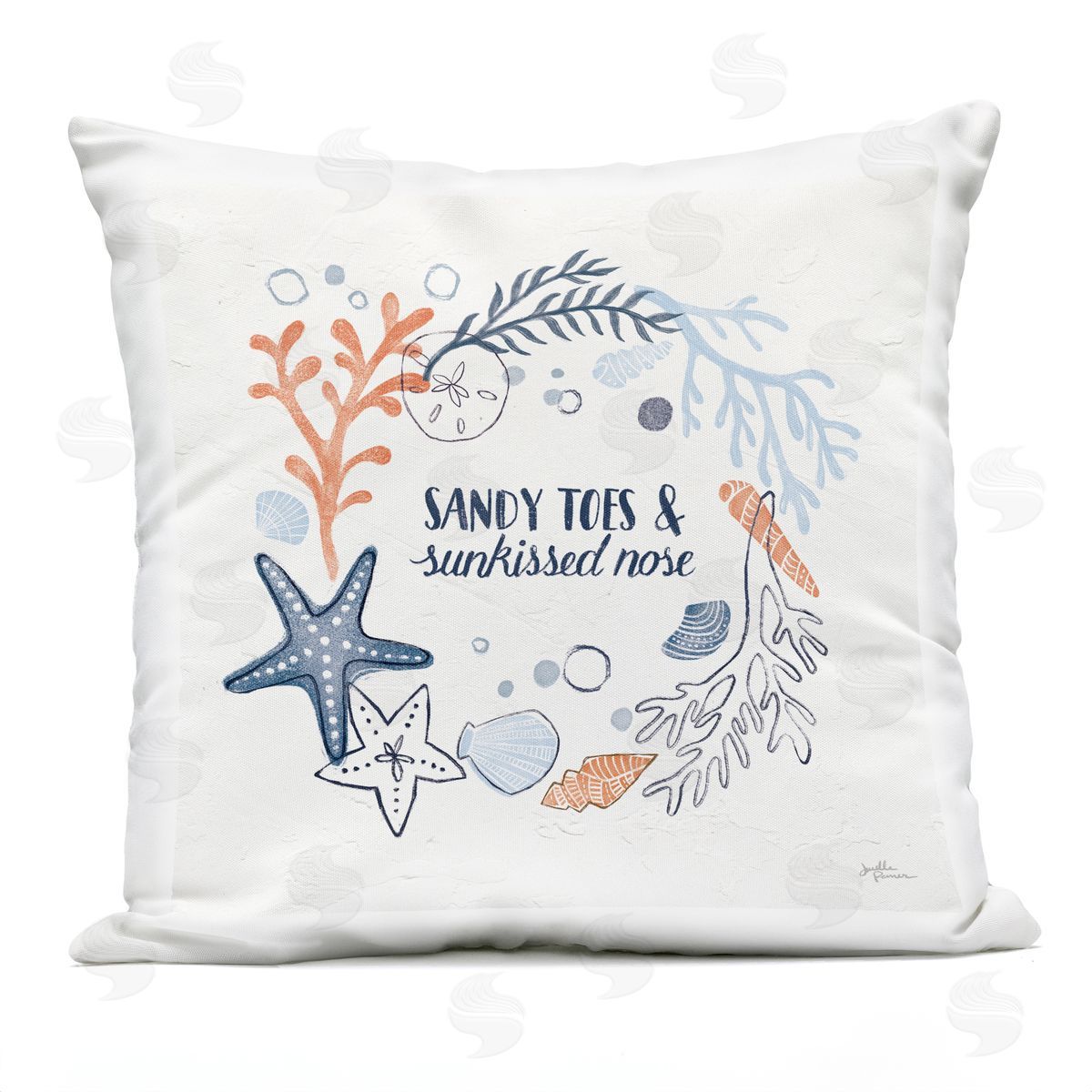 Beach Lover Phrase Starfish Coral Border Outdoor Printed Pillow, Home Decor by Janelle Penner