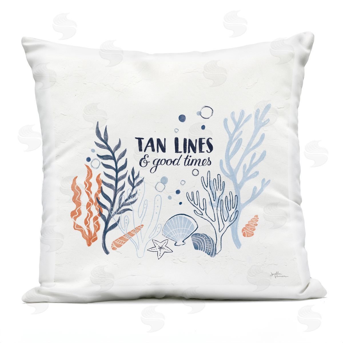Tan Lines Beach Quote Various Seashells Outdoor Printed Pillow, Home Decor by Janelle Penner