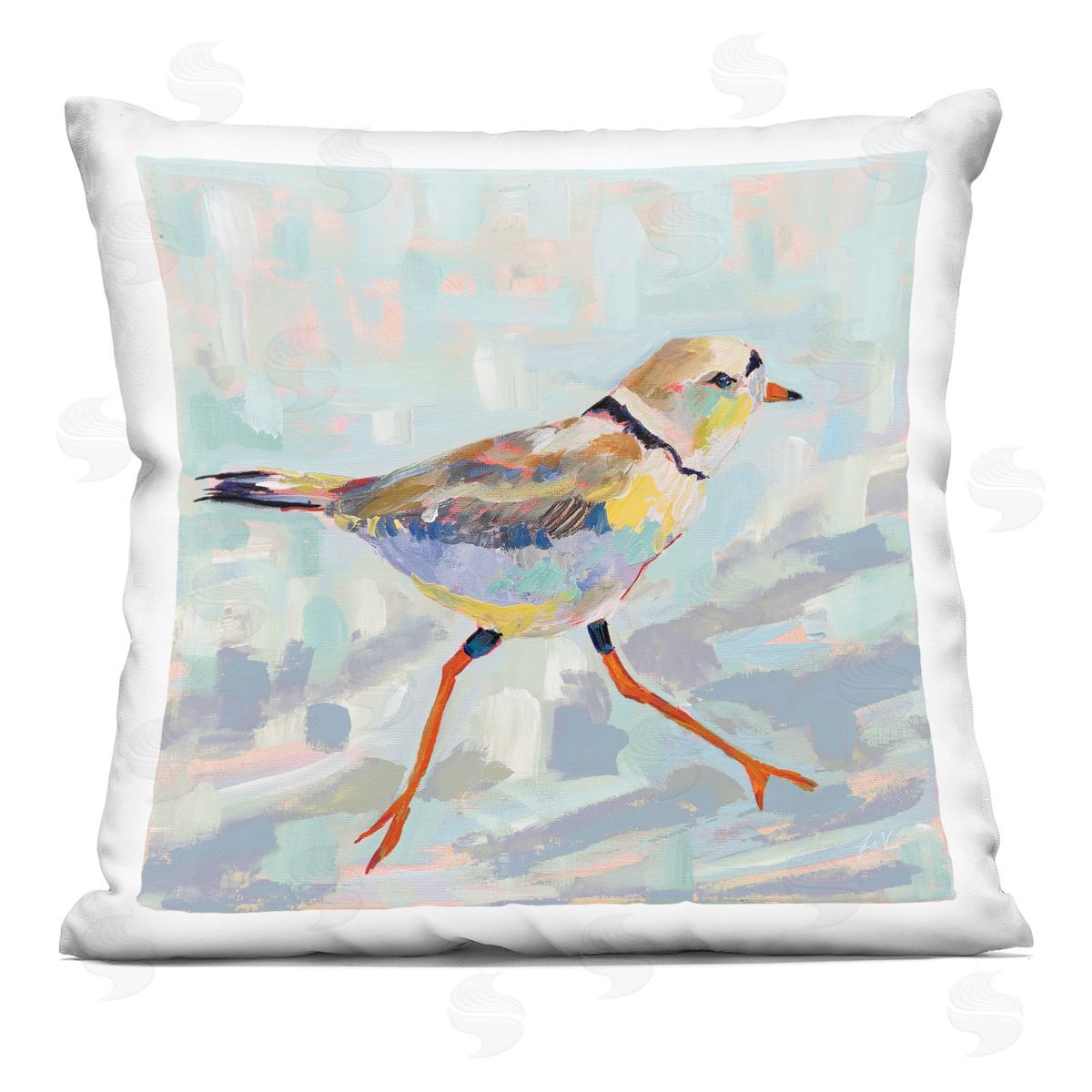 Little Bird Stepping Blue Blocked Background Decorative Printed Pillow, Home Decor by Jeanette Vertentes