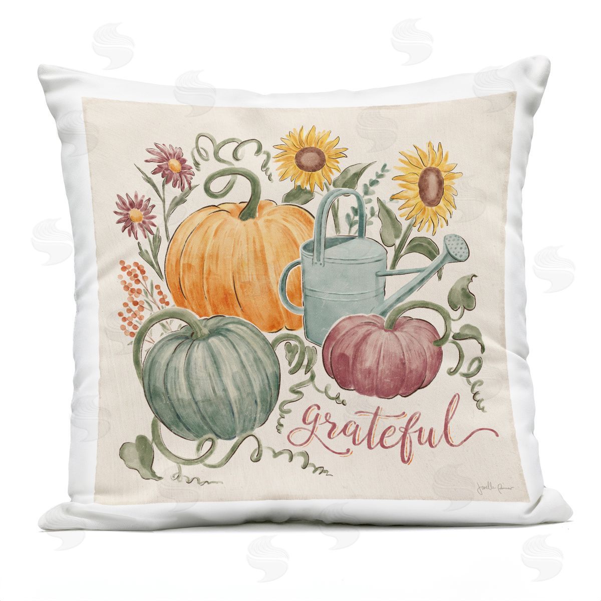 Gratitude Calligraphy Seasonal Autumn Plants Sunflowers Outdoor Printed Pillow, Home Decor by Janelle Penner