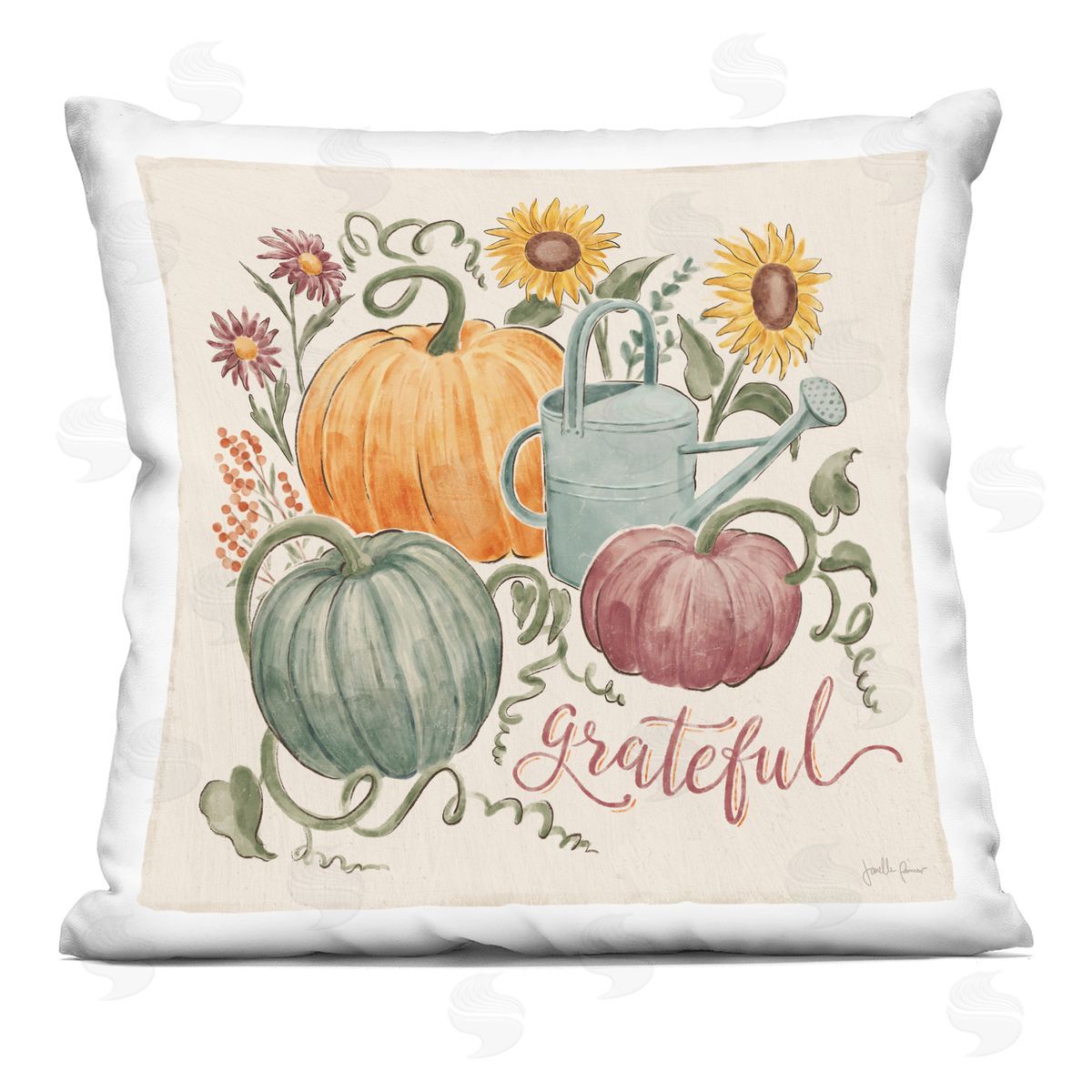 Gratitude Calligraphy Seasonal Autumn Plants Sunflowers Decorative Printed Pillow, Home Decor by Janelle Penner