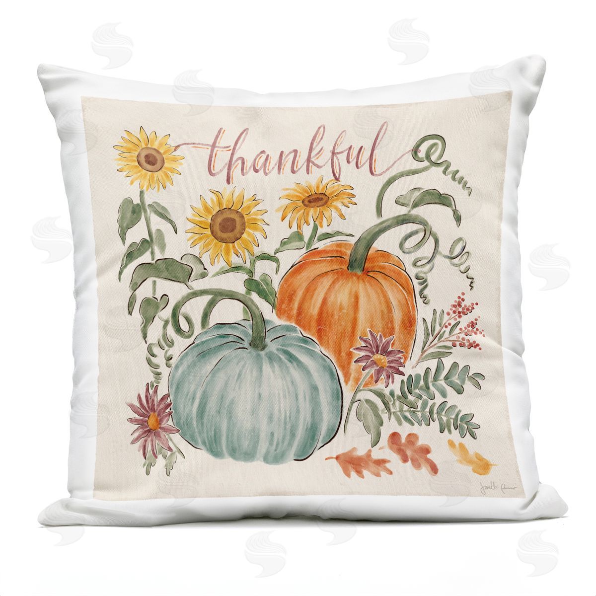 Thankful Calligraphy Festive Pumpkins Botanical Flowers Outdoor Printed Pillow, Home Decor by Janelle Penner