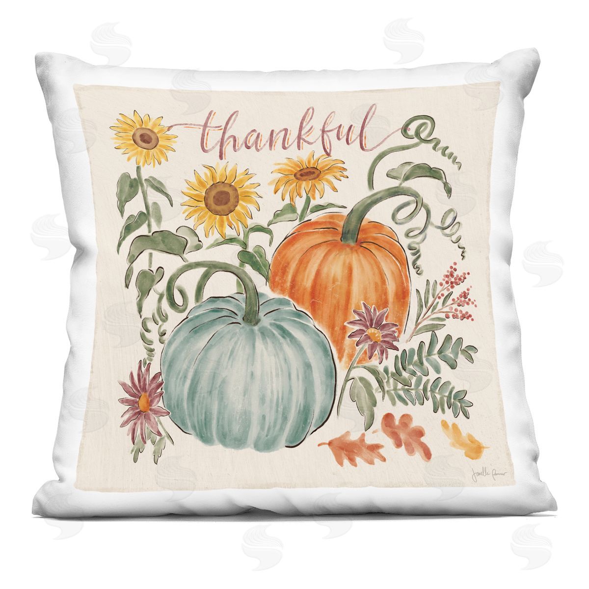 Thankful Calligraphy Festive Pumpkins Botanical Flowers Decorative Printed Pillow, Home Decor by Janelle Penner