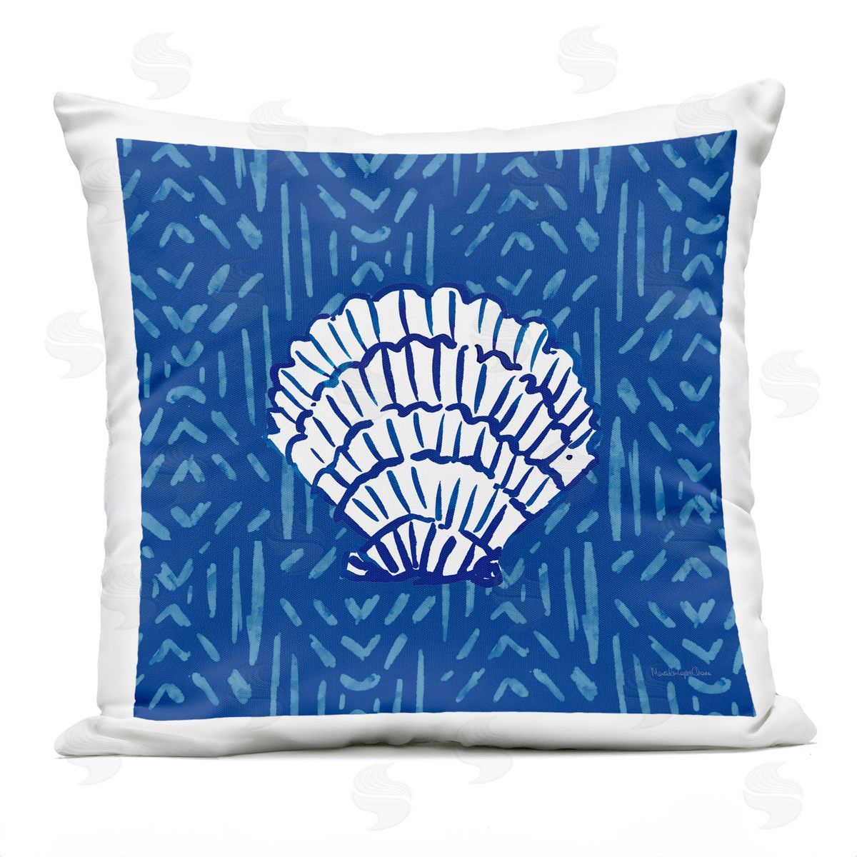 Coastal White Seashell Blue Striped Pattern Outdoor Printed Pillow, Home Decor by Mercedes Lopez Charro