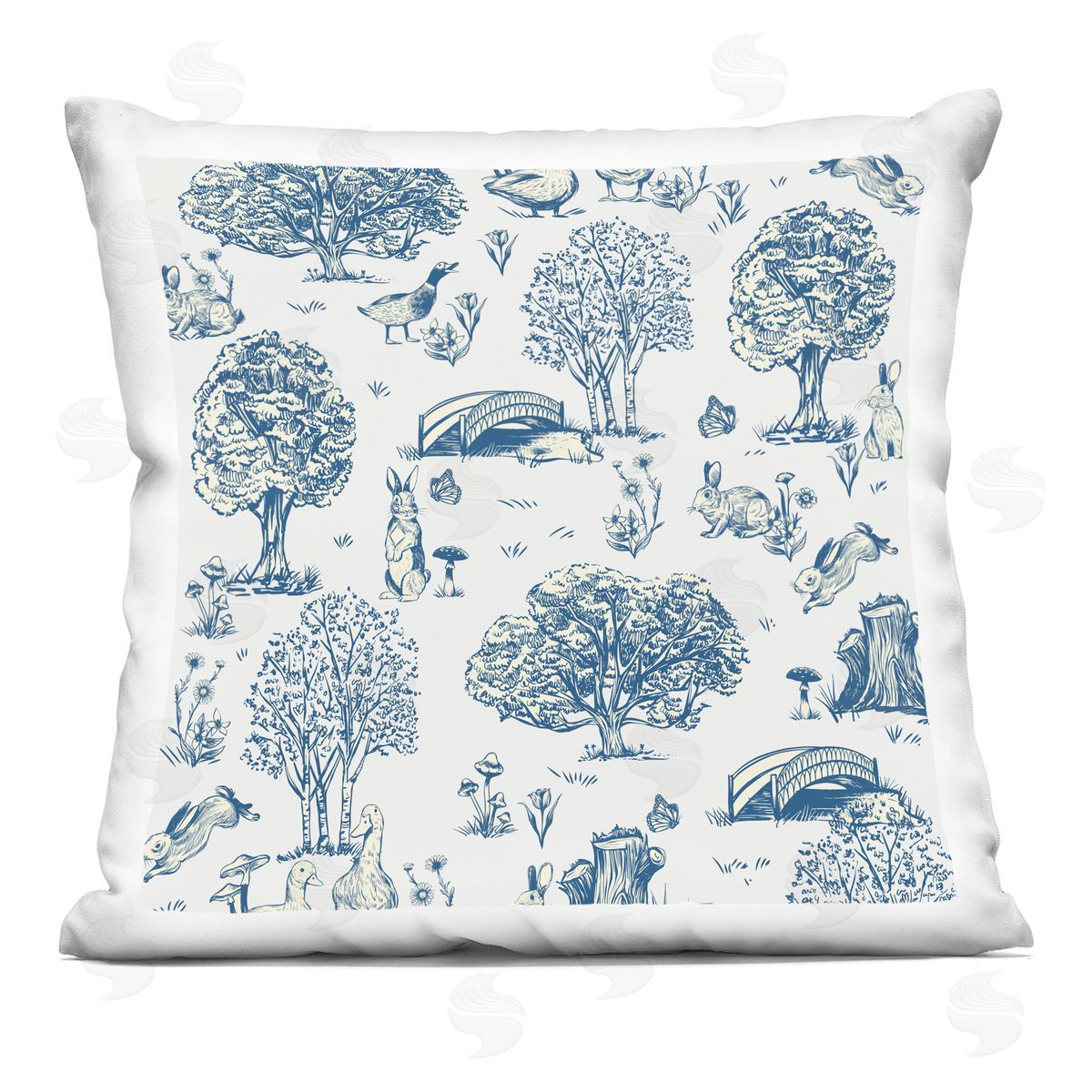 Classic Blue Toile Pattern Wildlife Scene Decorative Printed Pillow, Home Decor by Arrolynn Weiderhold