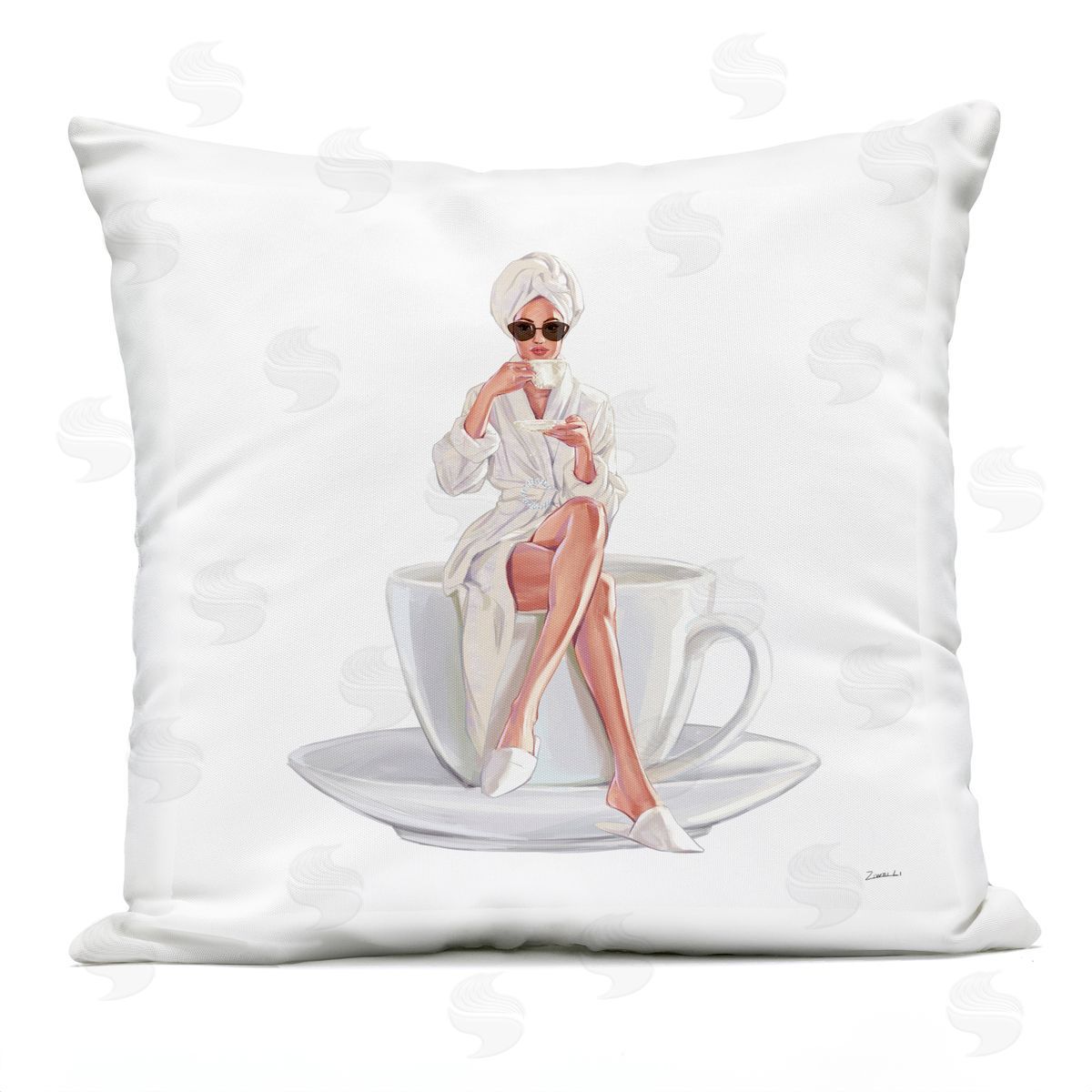 Stylish Woman Glam Bathrobe Morning Coffee Outdoor Printed Pillow, Home Decor by Ziwei Li