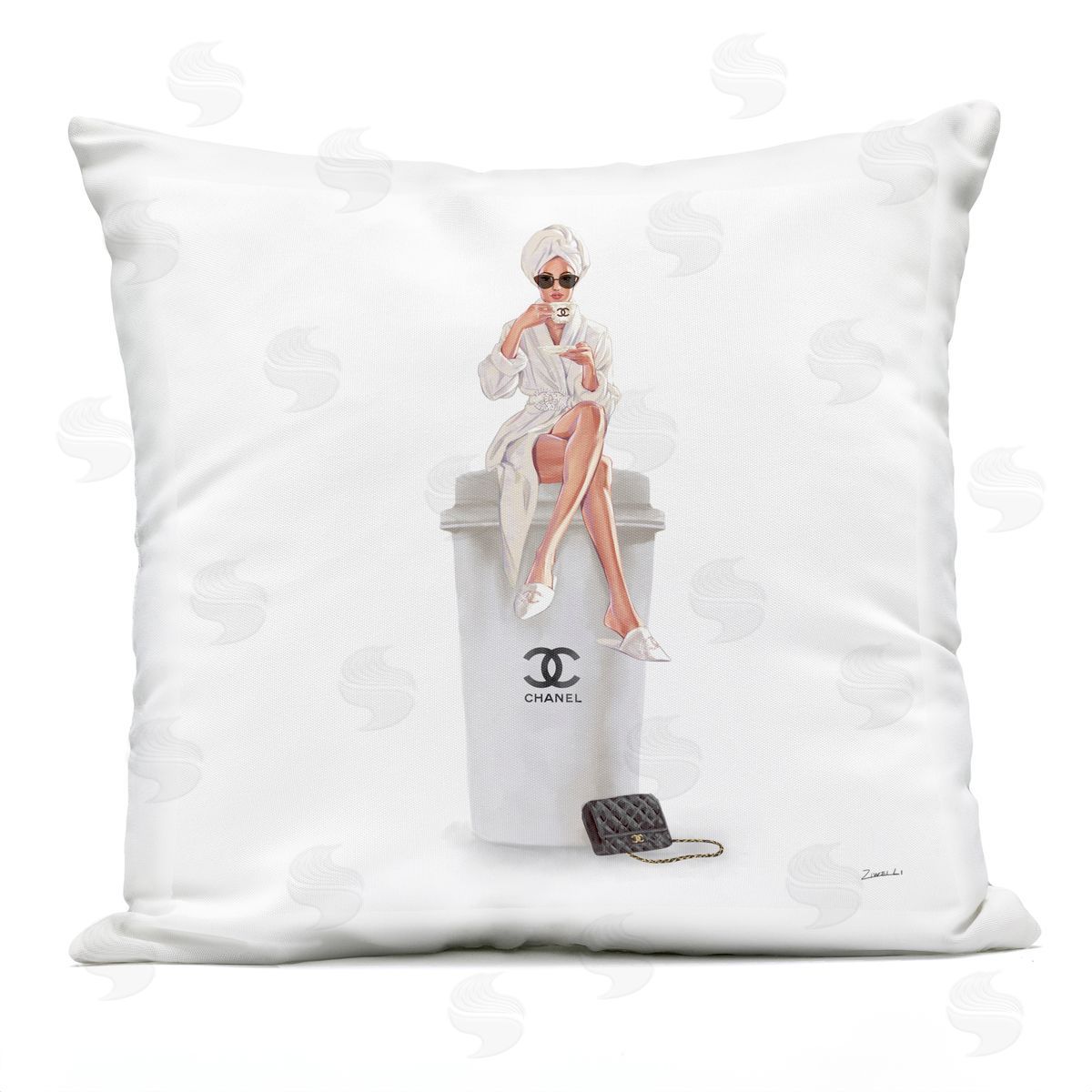 Trendy Fashion Woman Sipping Morning Coffee Outdoor Printed Pillow, Home Decor by Ziwei Li