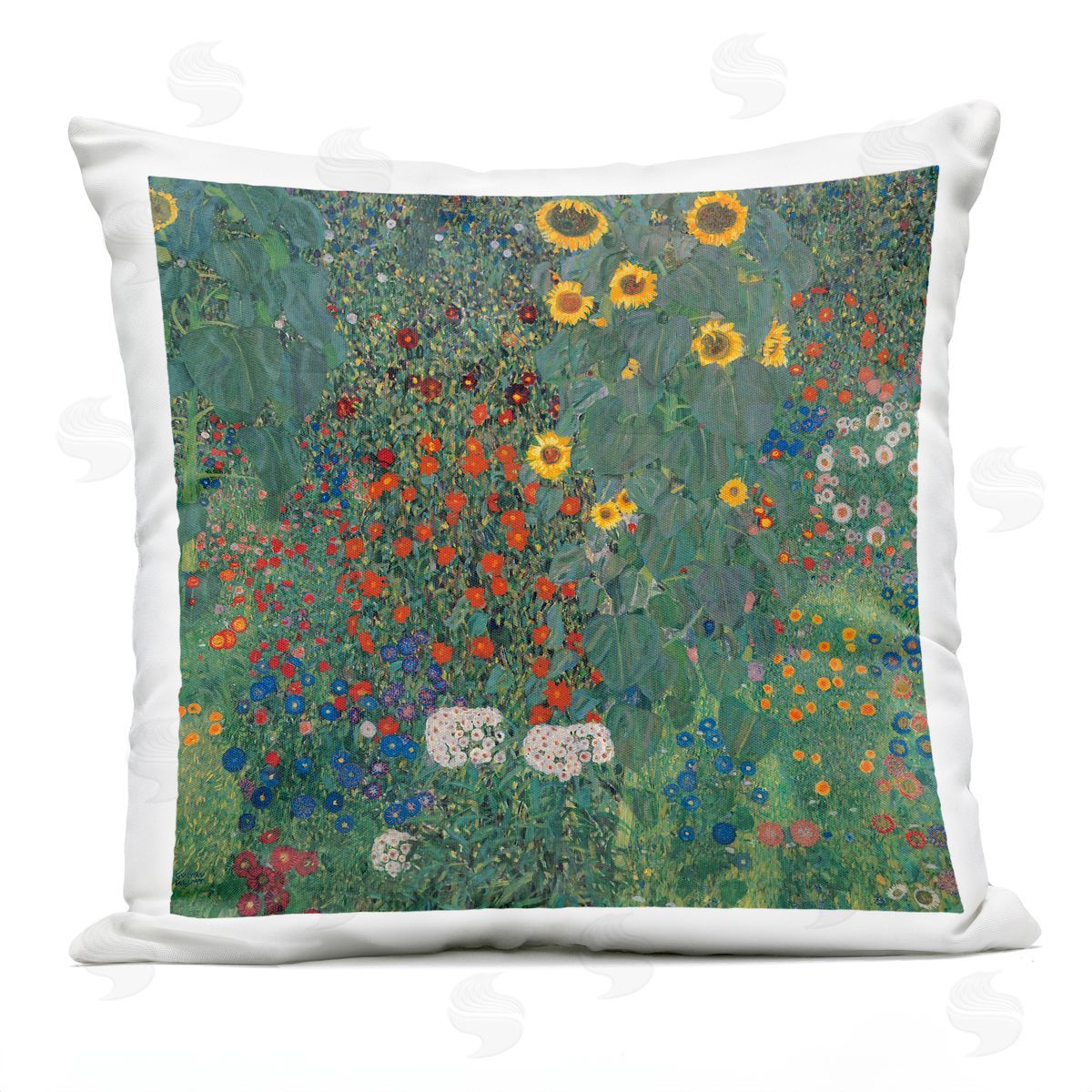 Abstract Green Layered Flower Blossom Botanicals Outdoor Printed Pillow, Home Decor by Gustav Klimt