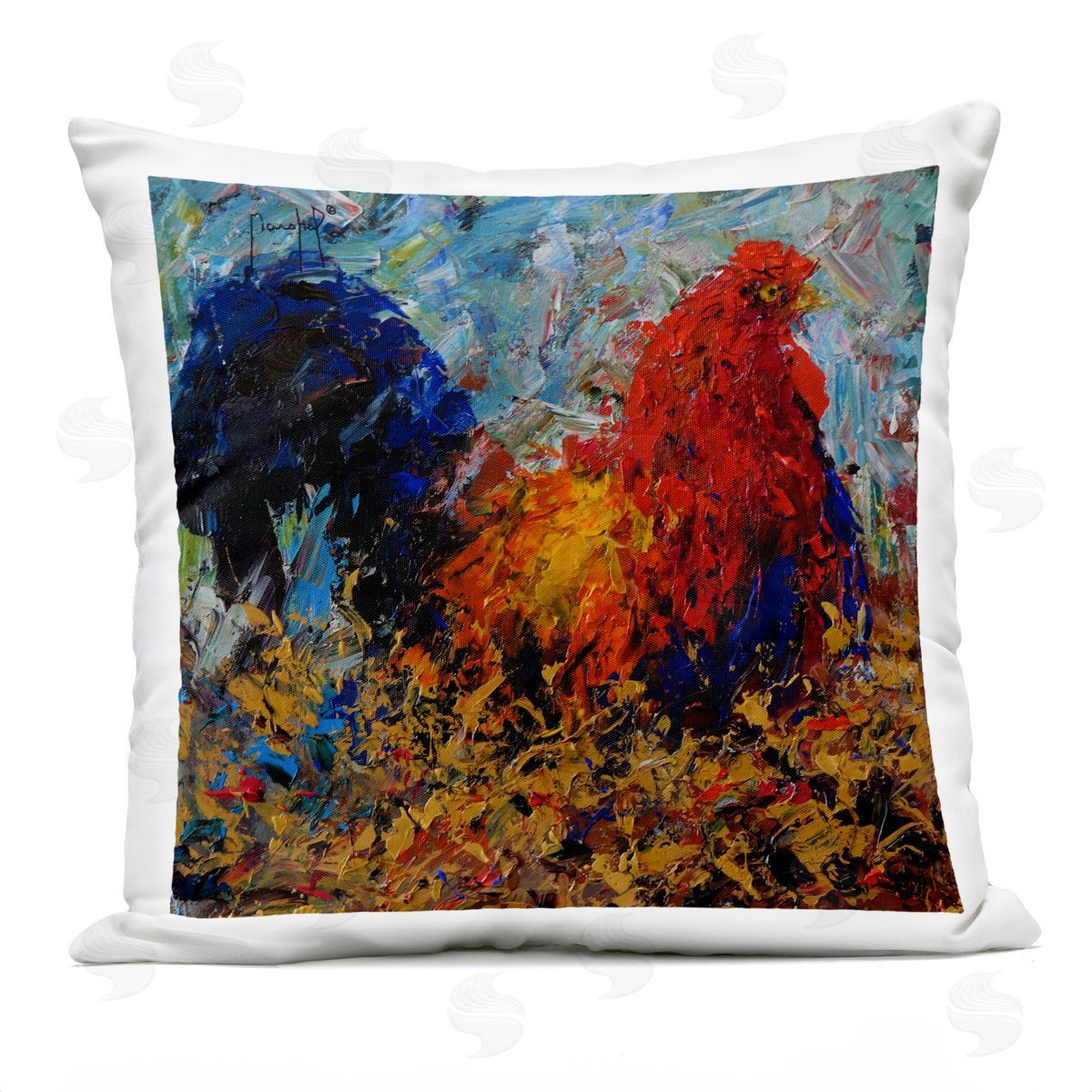 Impressionist Rooster Farm Animal Abstract Design Outdoor Printed Pillow, Home Decor by Joseph Marshal Foster
