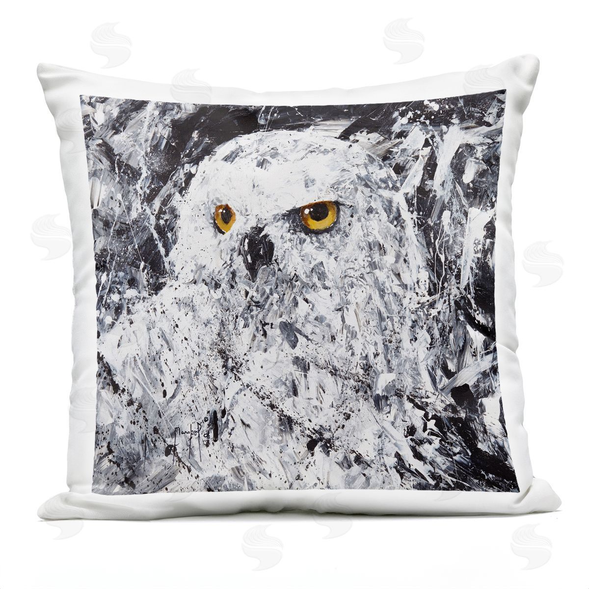 Abstract White Snowy Owl Yellow Eyes Outdoor Printed Pillow, Home Decor by Joseph Marshal Foster