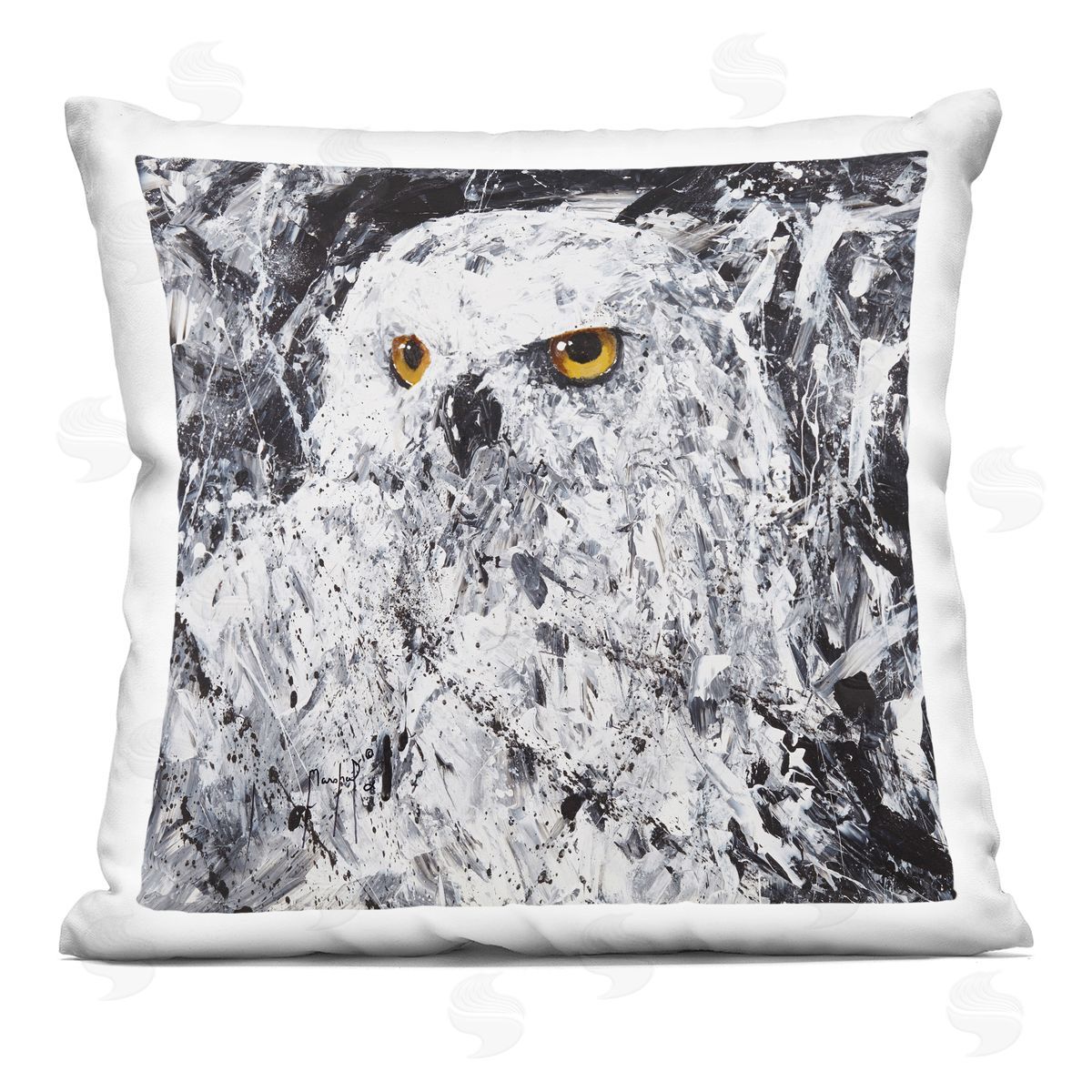 Abstract White Snowy Owl Yellow Eyes Decorative Printed Pillow, Home Decor by Joseph Marshal Foster