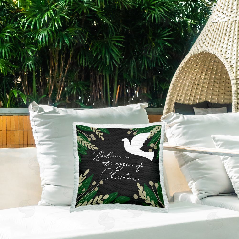 Lady Louise Designs Magic of Christmas Phrase Seasonal Botanical Border Outdoor Quick-Dry Polyester Printed Throw Pillow in Back Yard