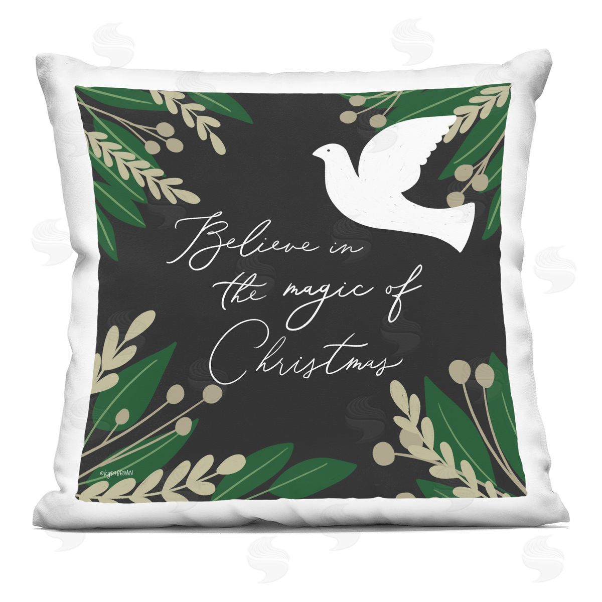 Lady Louise Designs Magic of Christmas Phrase Seasonal Botanical Border Printed Plush Polyester Throw Pillow
