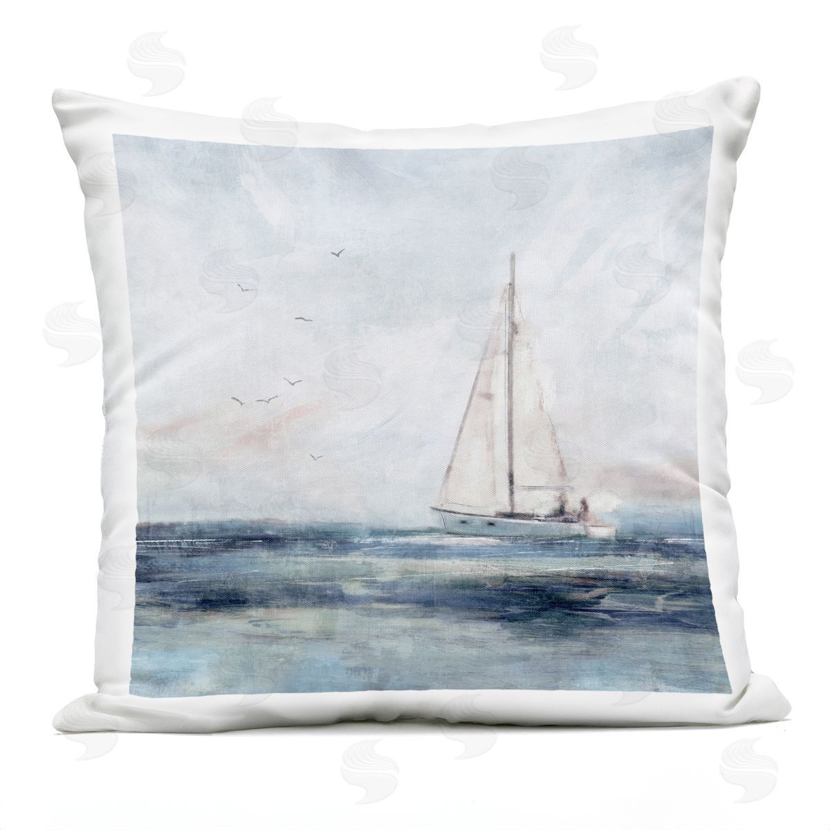 Tranquil Ocean Scene Distant Floating Sailboat Outdoor Printed Pillow, Home Decor by Nina Blue