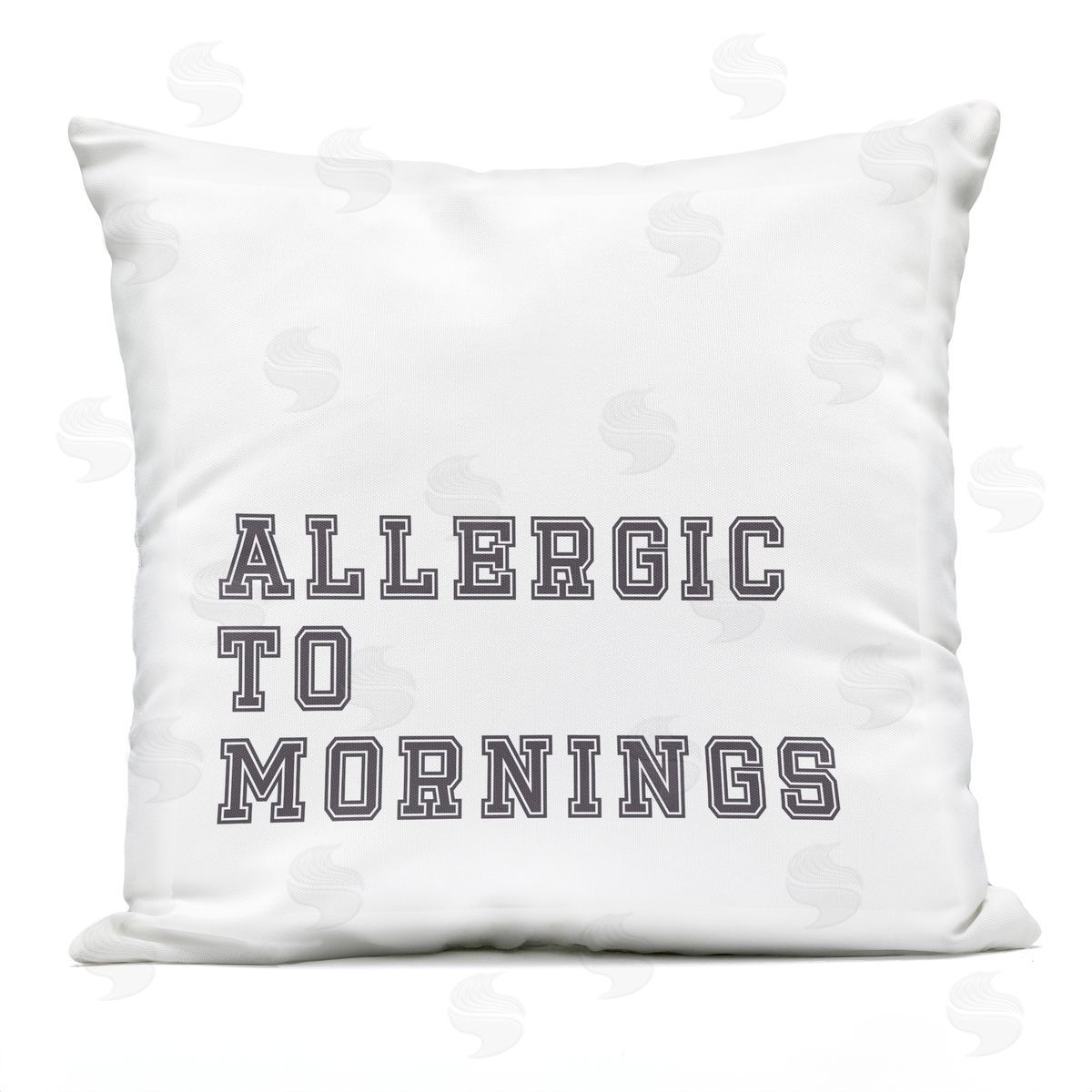 Allergic To Mornings Casual White Varsity Text Outdoor Printed Pillow, Home Decor by Leah Straatsma