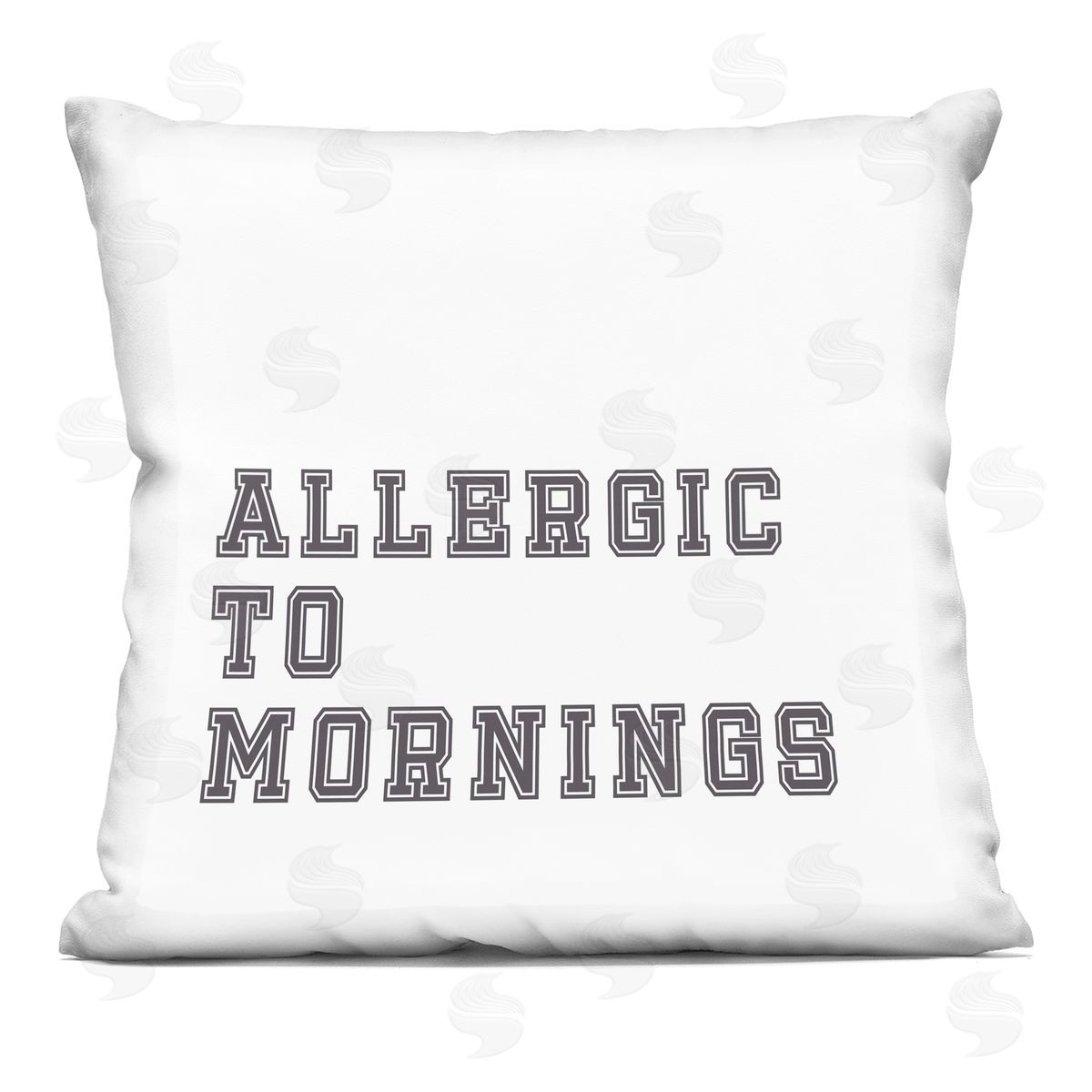 Allergic To Mornings Casual White Varsity Text Decorative Printed Pillow, Home Decor by Leah Straatsma
