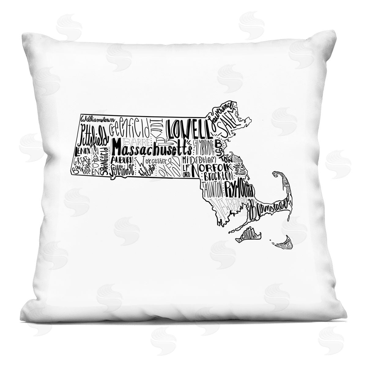 Massachusetts State Text Map Typography Shapes Decorative Printed Pillow, Home Decor by Saturday Evening Post