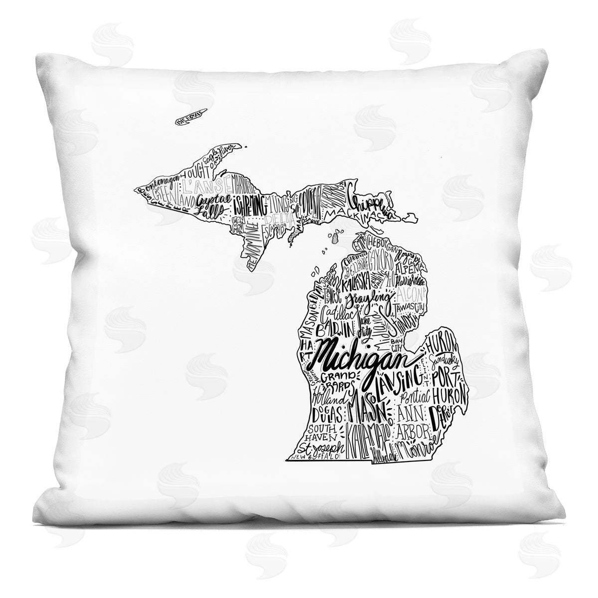 Michigan State Typography Cities Map Shape Decorative Printed Pillow, Home Decor by Saturday Evening Post