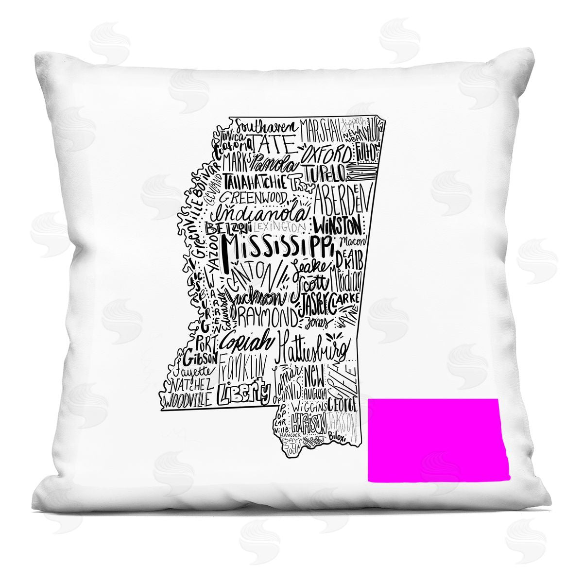 Mississippi Cities Landmarks State Typography Map Decorative Printed Pillow, Home Decor by Saturday Evening Post