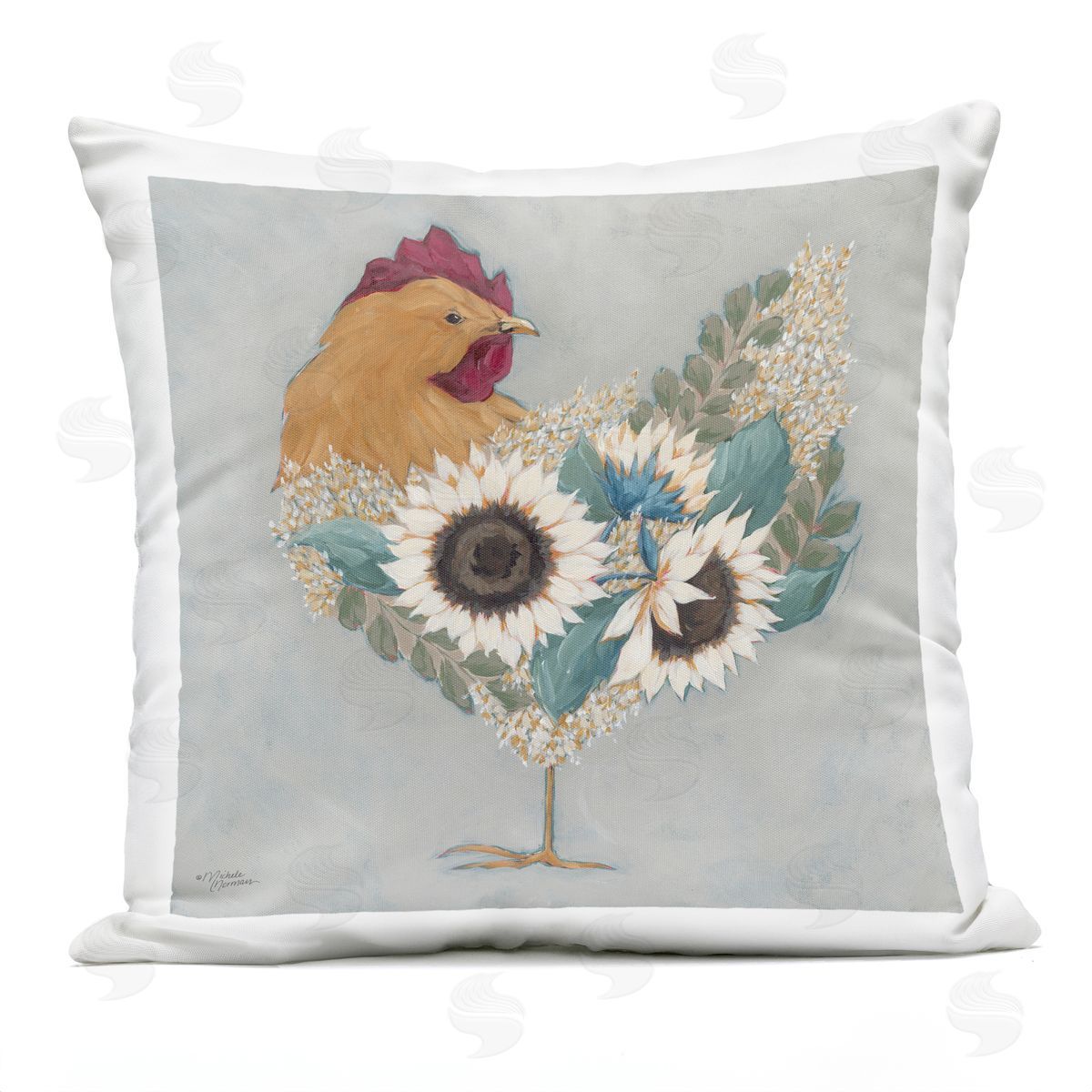 Rustic Farmhouse Chicken Sunflower Blossom Arrangement Outdoor Printed Pillow, Home Decor by Michele Norman