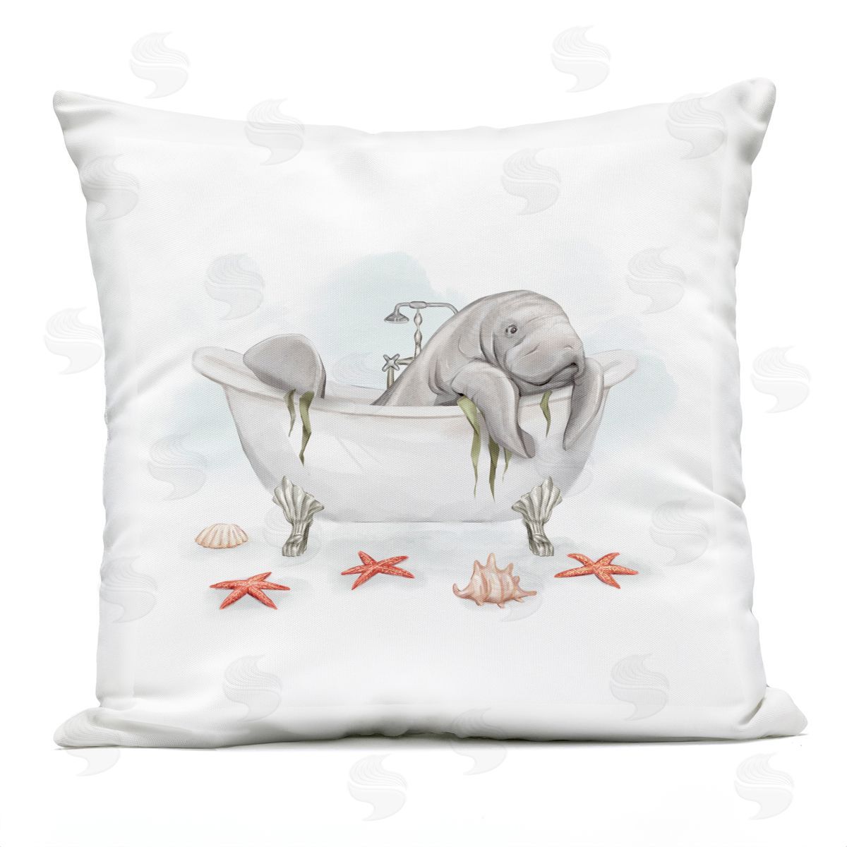 Manatee Swimming Bathtub Marine Animal Starfish Outdoor Printed Pillow, Home Decor by Ziwei Li