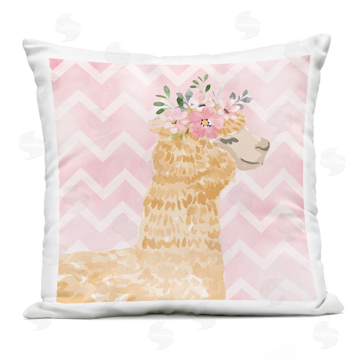 Nicole DeCamp Smiling Alpaca Flower Crown Pink Chevron Pattern Outdoor Quick-Dry Polyester Printed Throw Pillow