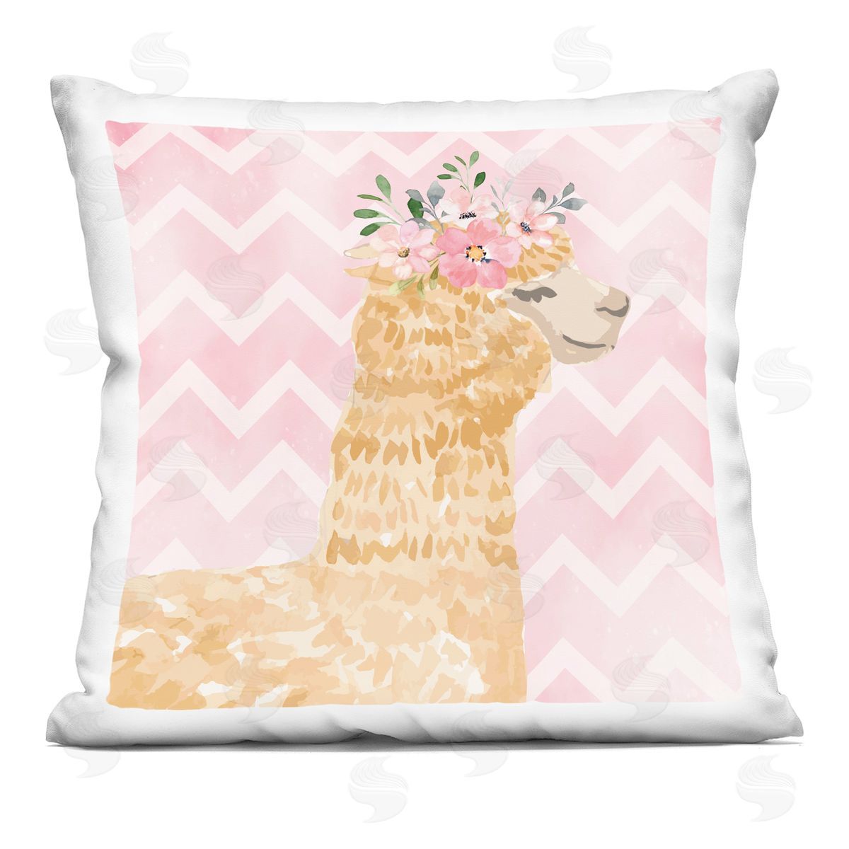 Nicole DeCamp Smiling Alpaca Flower Crown Pink Chevron Pattern Printed Plush Polyester Throw Pillow