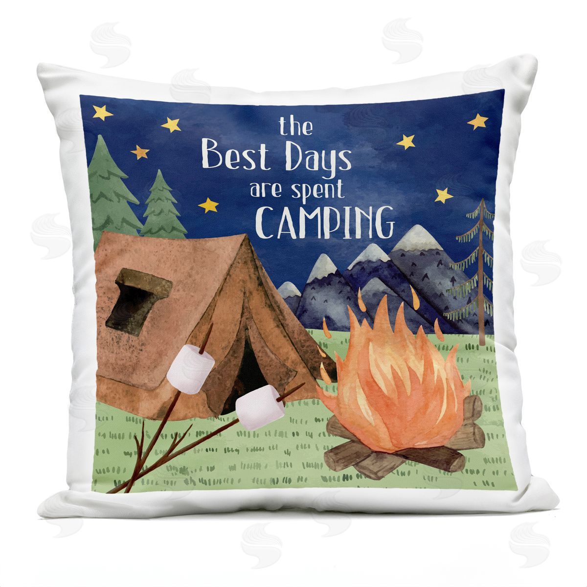 Nicole DeCamp Mountainside Camping Landscape Roasting Marshmallows Scene Outdoor Quick-Dry Polyester Printed Throw Pillow