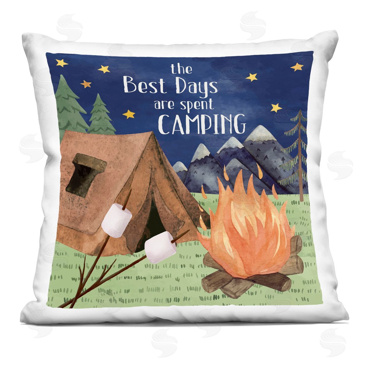 Nicole DeCamp Mountainside Camping Landscape Roasting Marshmallows Scene Printed Plush Polyester Throw Pillow