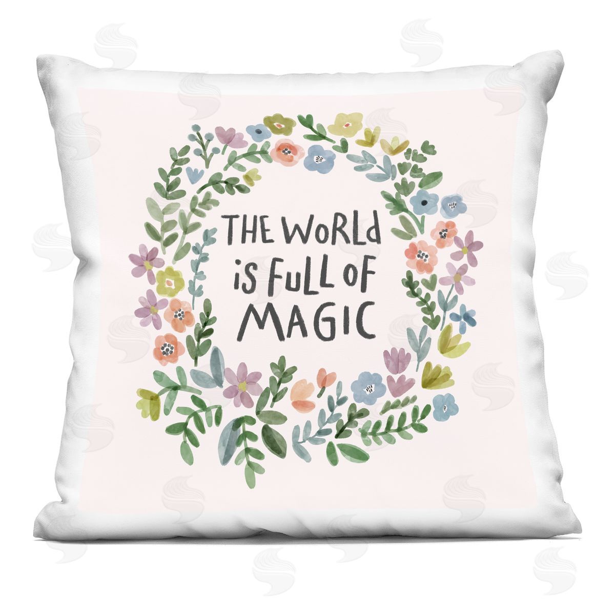 Full Of Magic Uplifting Flower Wreath Quote Decorative Printed Pillow, Home Decor by Nina Muis Surface Design