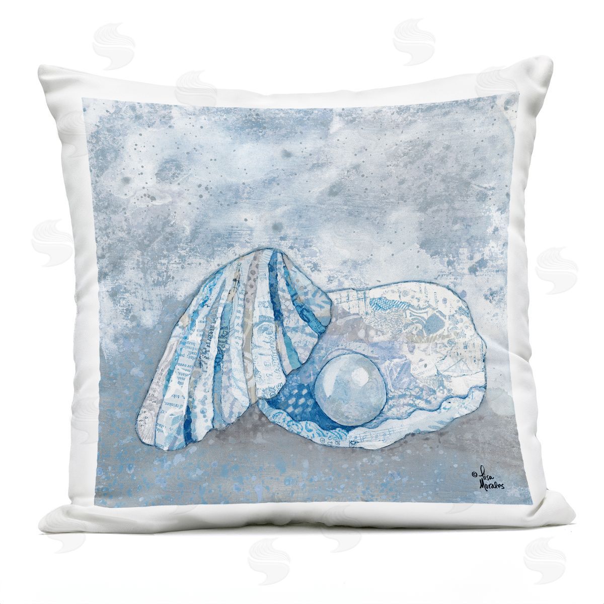Collage Patterned Clamshell Nautical Pearl Design Outdoor Printed Pillow, Home Decor by Lisa Morales